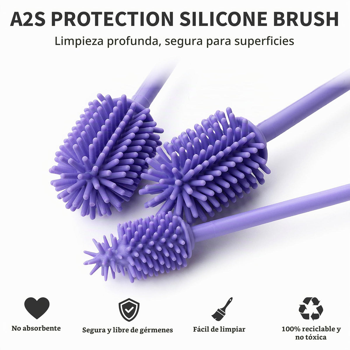 A-Brush - Cepillo para Polvo Limpiador de Botellas de Silicona sin BPA, Mango Largo, Ideal para Botellas de Agua de Vidrio y plástico, para Botellas de Agua (Juego de 3 Piezas de Color Morado Claro)