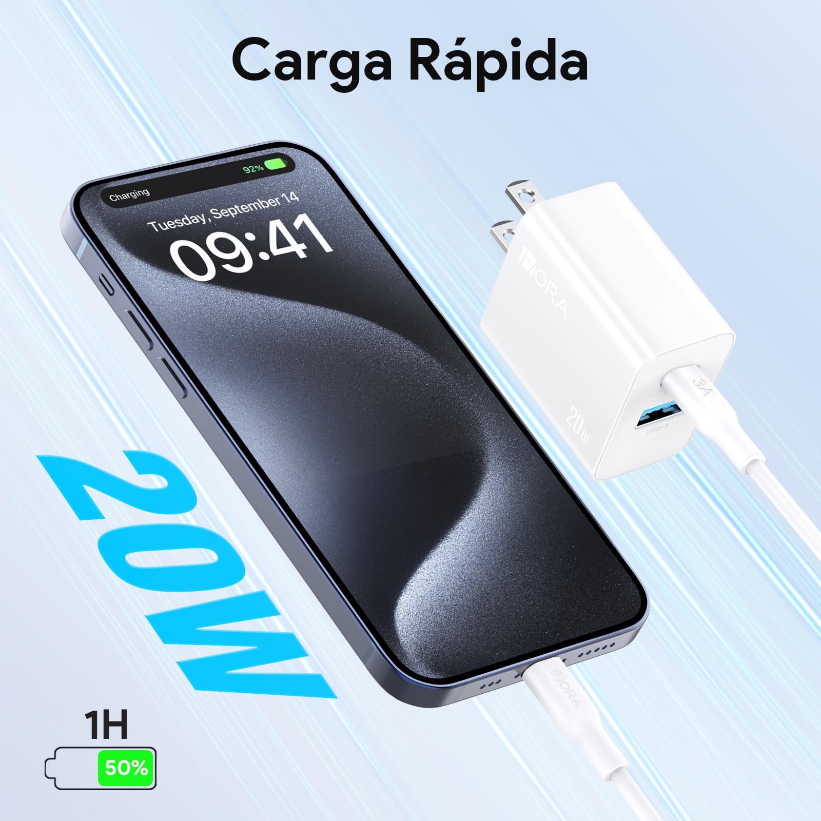 1 Hora 3 Paquetes Cargador Carga Rápida 20W 2 en 1, Cargador Tipo C PD 20W + USB A QC 18W con Cable C a C, Compatible con IP 15 14 13 Pro MAX XS, Galaxy S24/S23/S22/S21+/Note 10, iPad Pro