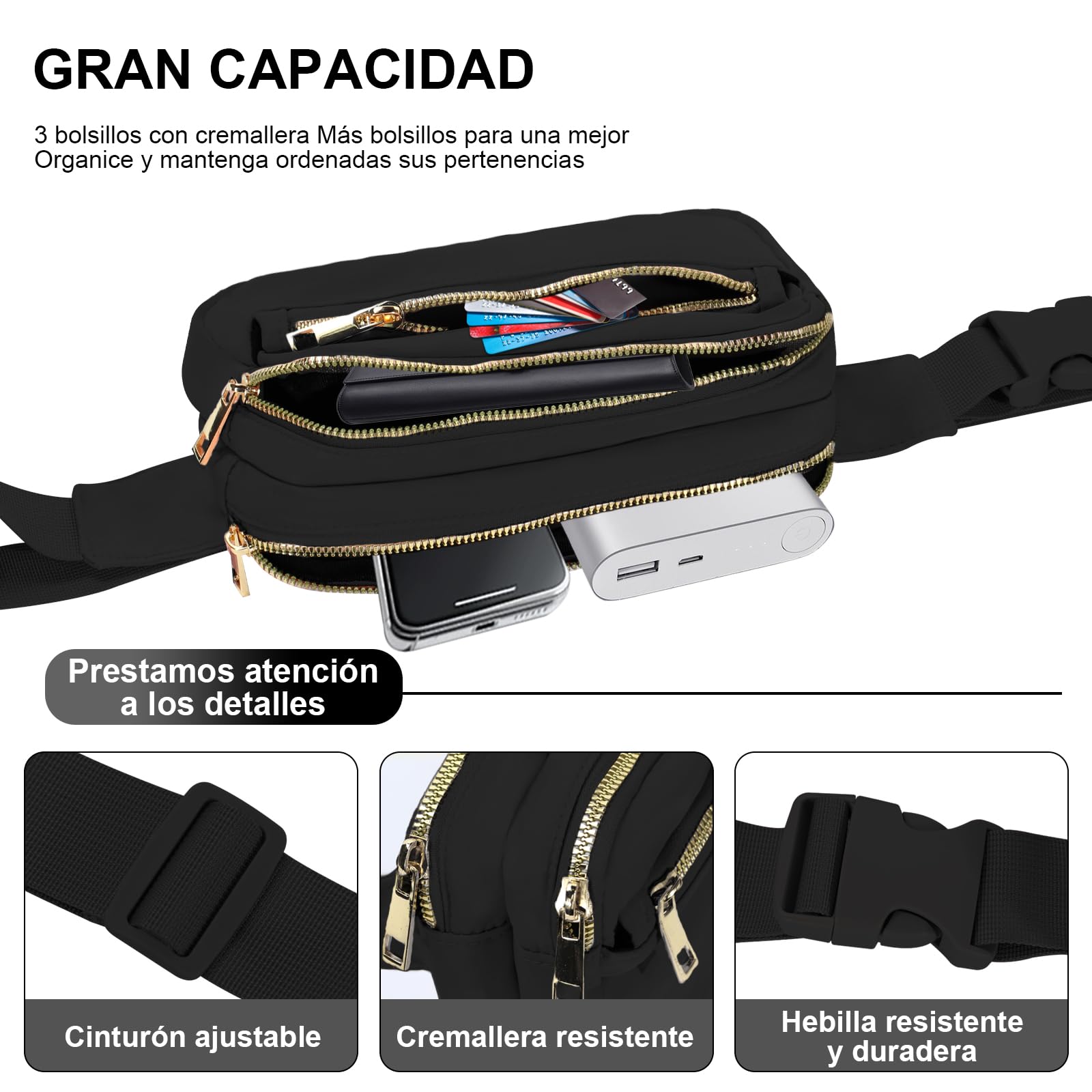 Cangureras de Moda de Mujer,Riñonera Moda Deportiva con Bandolera Ajustable, Impermeable y Ligero RiñOnera Unisex Adecuado para Viajar, Hacer Senderismo, Correr, Montar En Bicicleta (Negro)