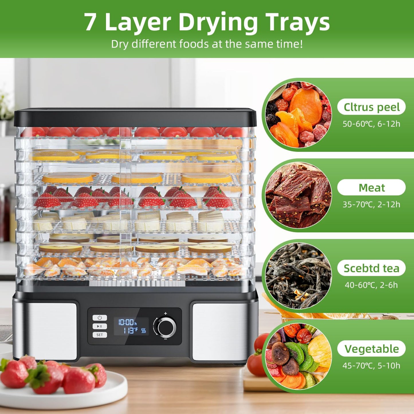 Deshidratador de alimentos Secador de máquina para Jerky: deshidratador de acero inoxidable para hierbas de frutas, secador de alimentos digital para deshidratación de carne de res