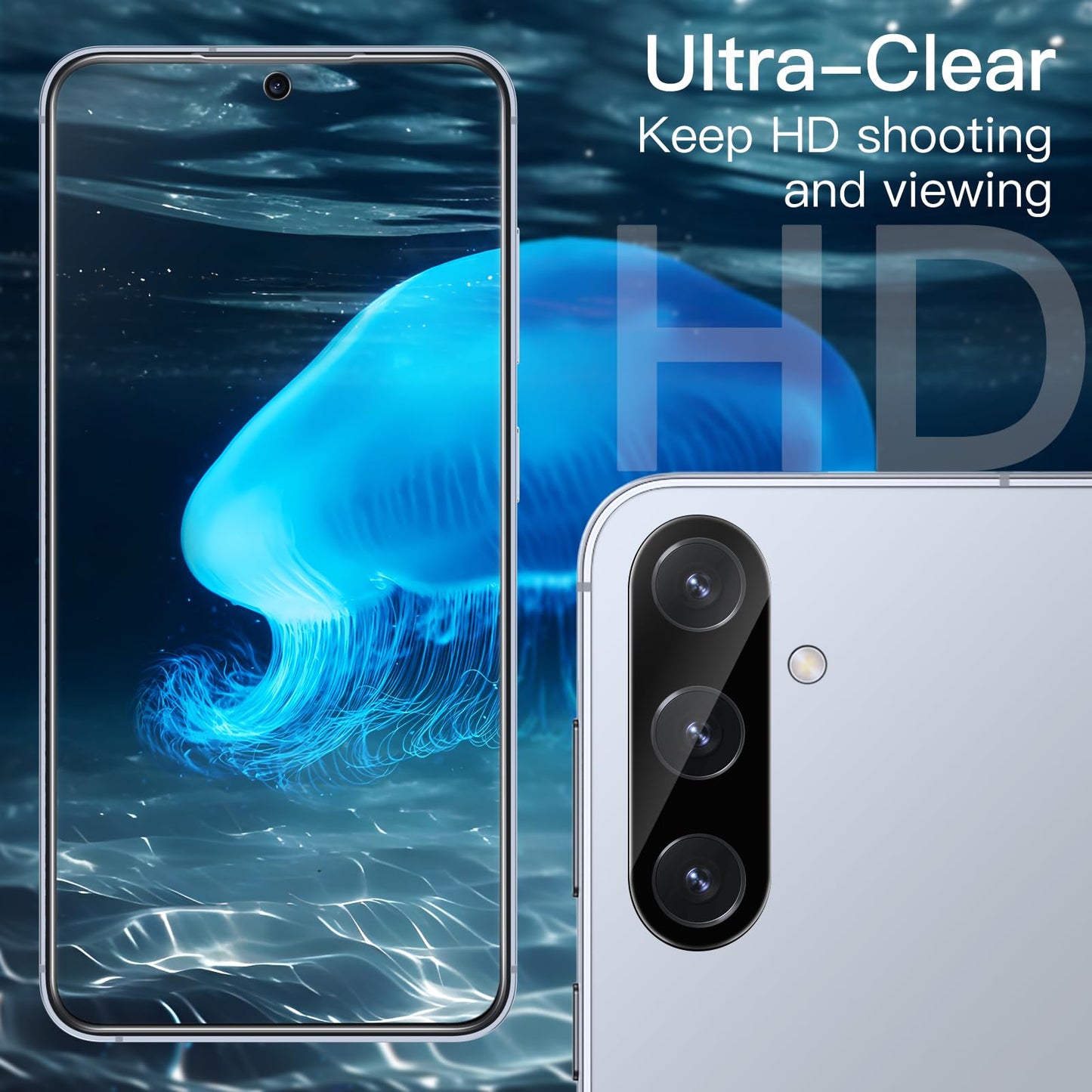 JETech 5 en 1 Funda para Samsung Galaxy S25 5G con 2 Protector Pantalla Mica Cristal Vidrio Templado y 2 Protector Lente Cámara, Carcasa Anti-Amarillo Antigolpes (Transparente)