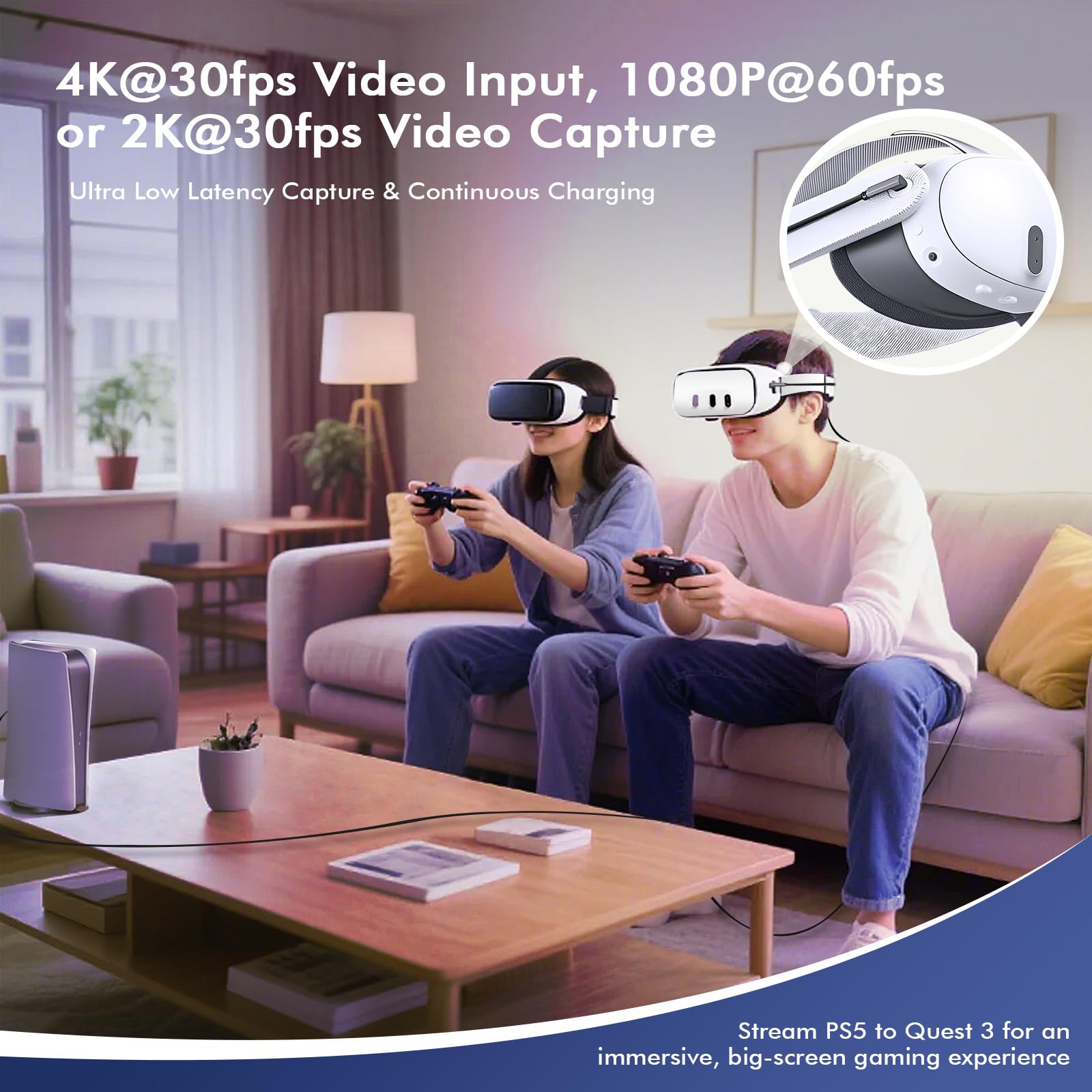 Guermok Tarjeta de Captura USB3.0 para Streaming, Adaptador USB-C/Tipo C 90° y PD 100W, 3.3ft 2K@30FPS HDMI a USB A/C para Oculus/Quest3/iPad/MacOS/Switch/PS5/4