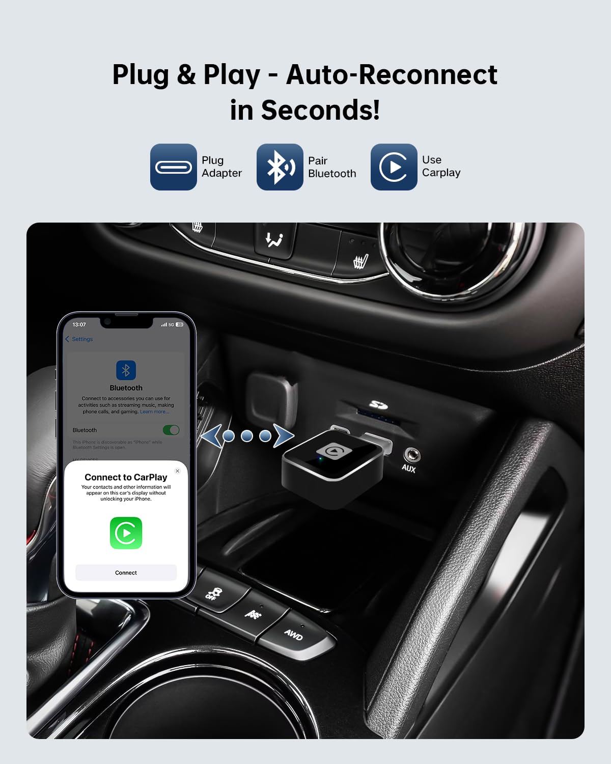 Adaptador Inalámbrico ViaBecs 2025 para Apple CarPlay iPhone 6+ Wi-Fi Doble Banda