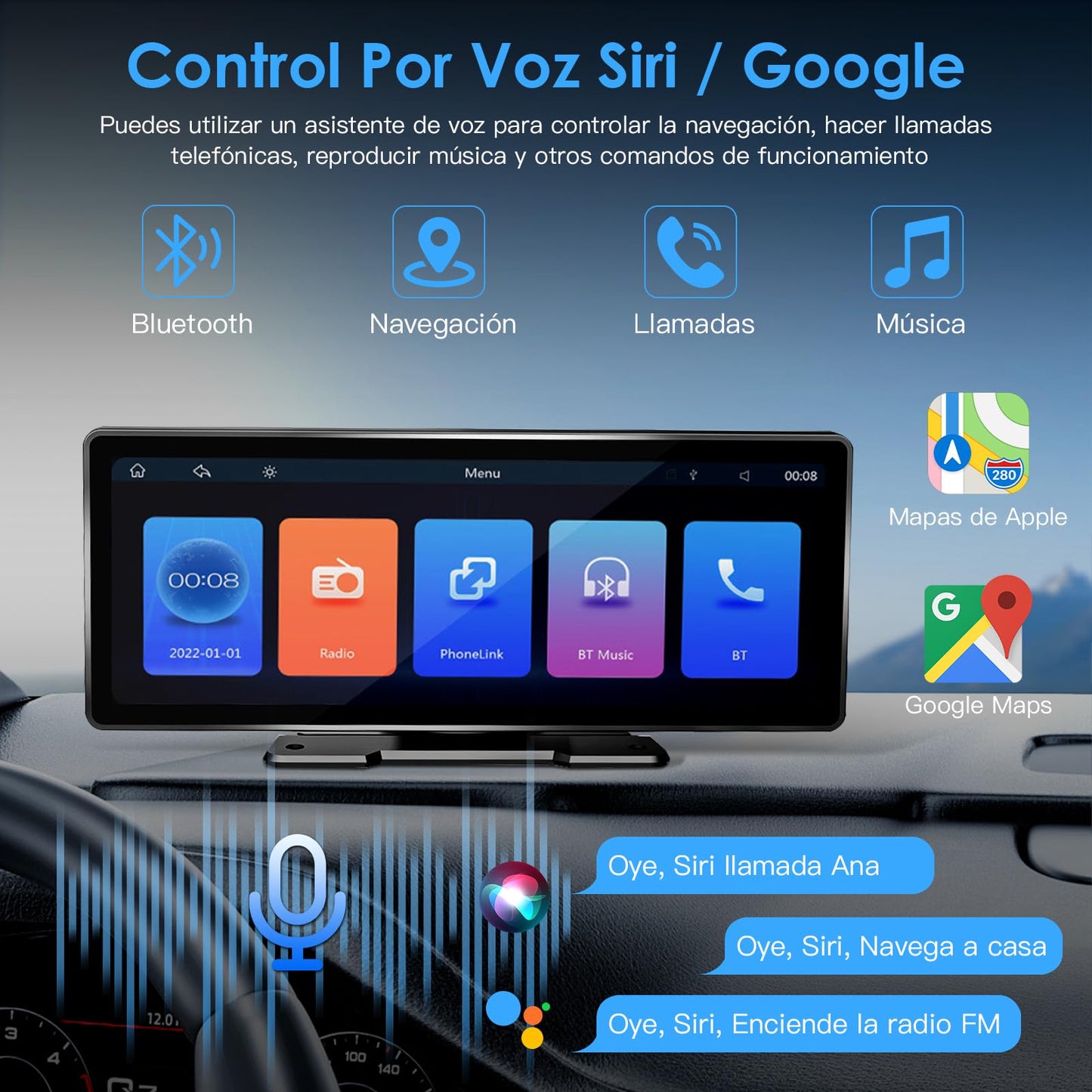 Autoestéreos para Auto de 10.26in Pantalla HD Táctil Capacitiva Portátil,Inalámbrico Apple Carplay,Android Auto,Mirror Link,Multimedia Digital MP5 Bluetooth para Coche GPS/Bluetooth/FM/AUX/TF/USB