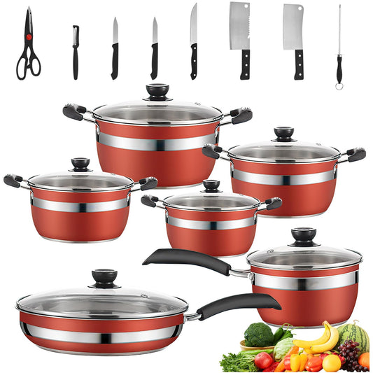 Batería de Cocina NOVRY rojo Antiadherente de Acero Inoxidable para Estufas de Inducción, Eléctricas y Gas 14 Piezas con Cuchillos