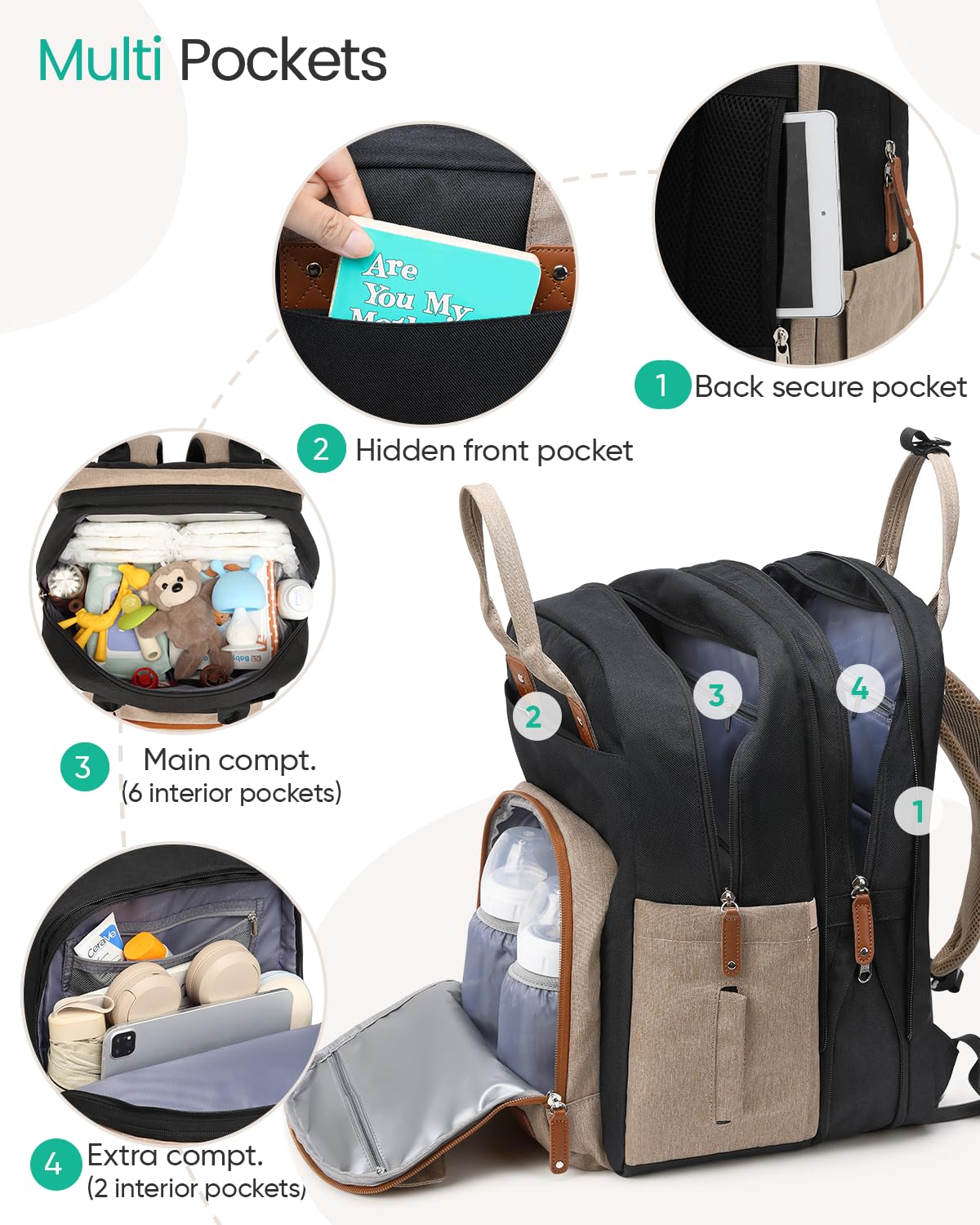 Qualyphant Mochila para pañales extragrande para dos niños, bolsas expandibles de 35 l para mamá, niña, niño, papá y niño pequeño, bolsa de pañales de viaje grande con 21 bolsillos Caqui negro