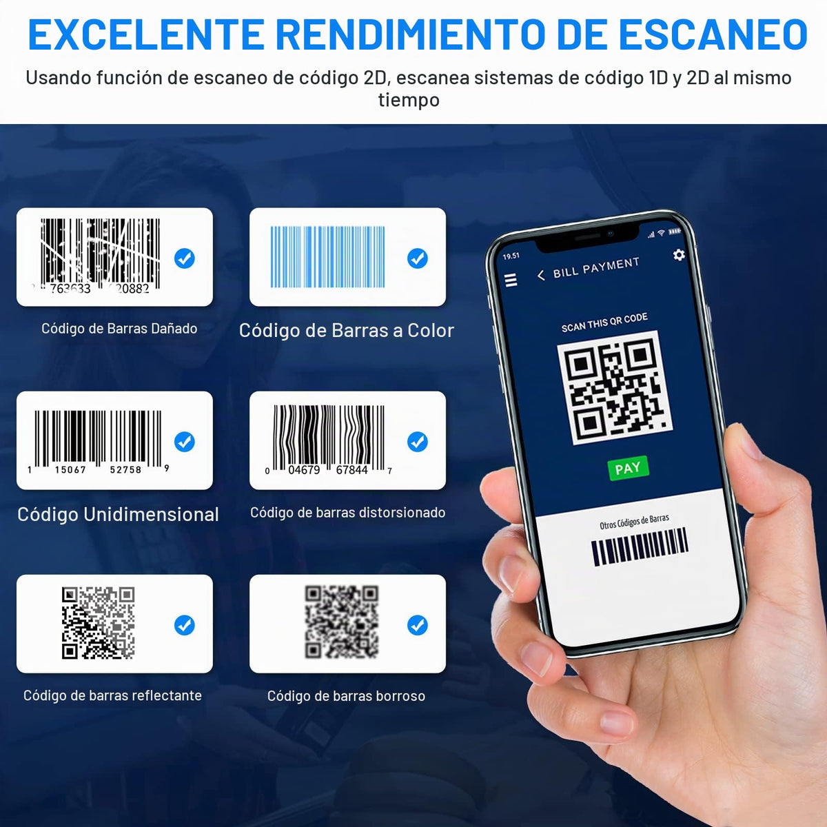 Escáner de Código de Barras Jrhc Mini 2D Negro Portátil Inalámbrico Bluetooth 3 en 1 Compatible con iOS, Android, Windows, Mac y PC