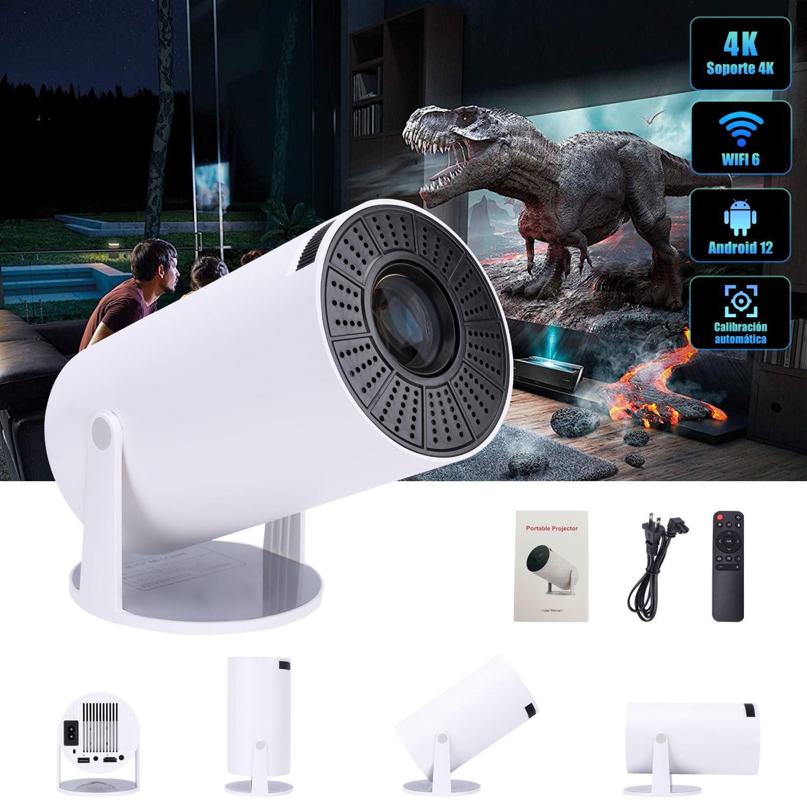 Mini Proyector AOSO Blanco con WiFi 6 y Bluetooth 5.0 para Cine Exterior