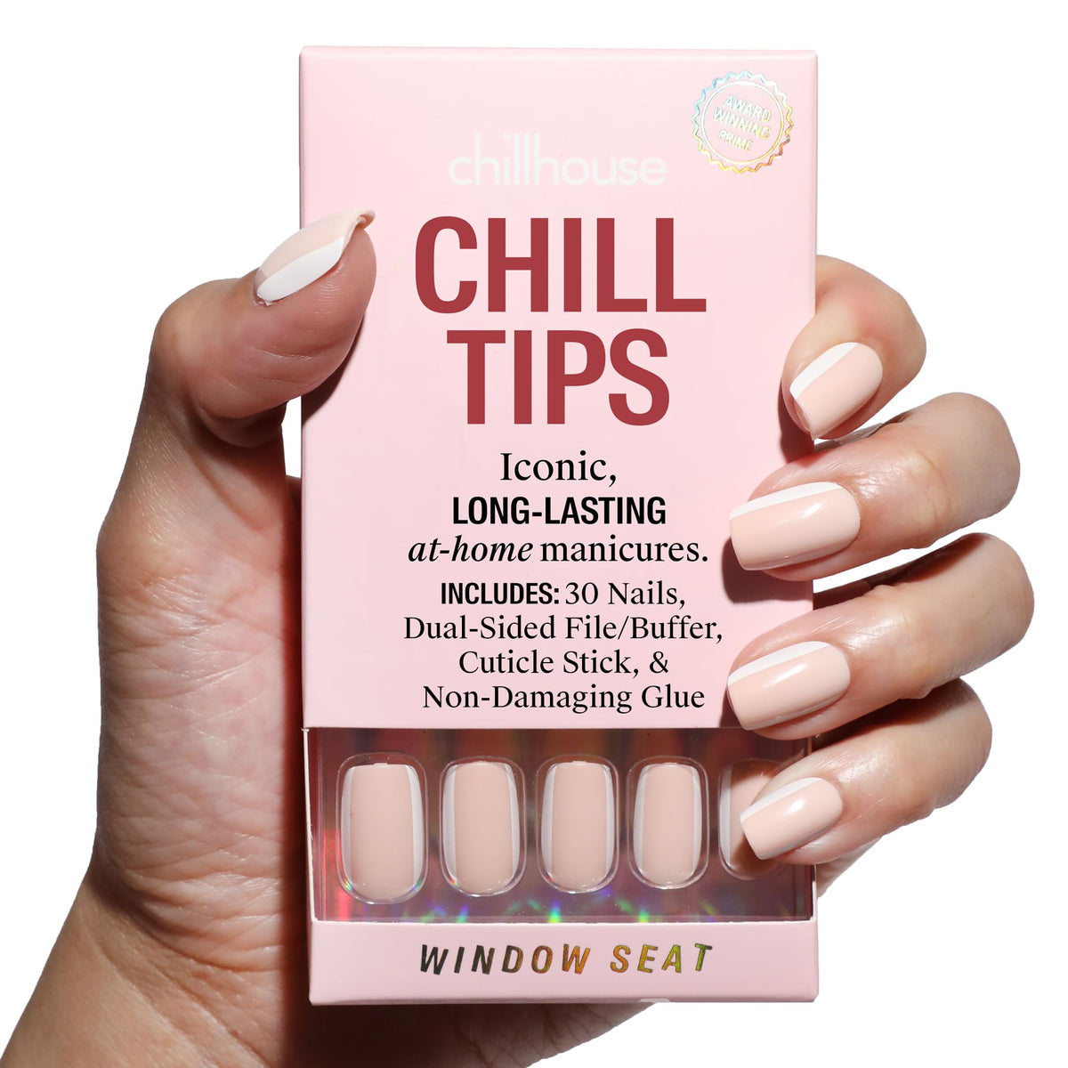 Chillhouse - Kit de uñas Chill Tips, para presionar - Asiento de ventana (cuadrado) - 30 formas y tamaños de uñas - Hasta 2 semanas de uso - Ajuste personalizable - Reutilizable - Fundado por latinas
