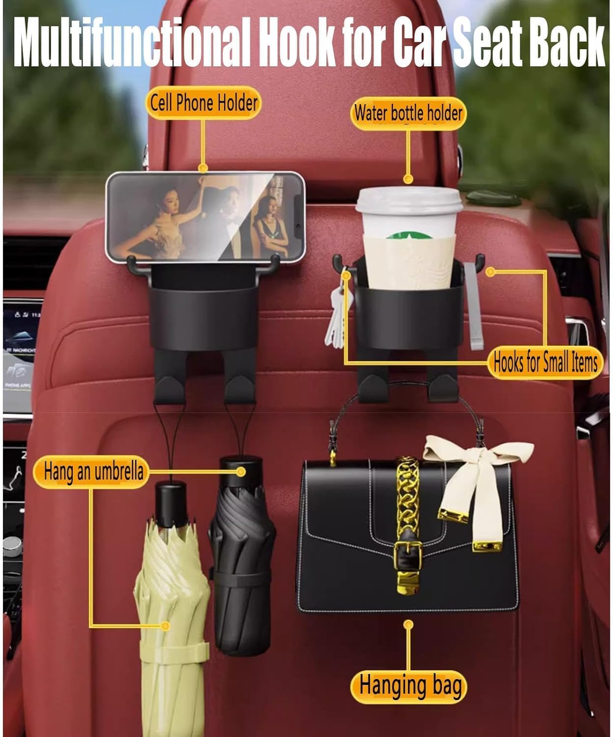 Gancho Multifuncional Walquicks Negro para Respaldo de Asiento de Automóvil 3 en 1 con Portavasos Portable