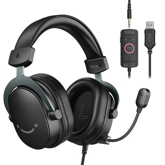 FIFINE Auriculares para Juegos de PC, Auriculares USB con Sonido Envolvente 7.1, micrófono Desmontable, Caja de Control, Conector de Auriculares 3.5 mm, Auriculares con Cable para PS5/Xbox/Switch H9