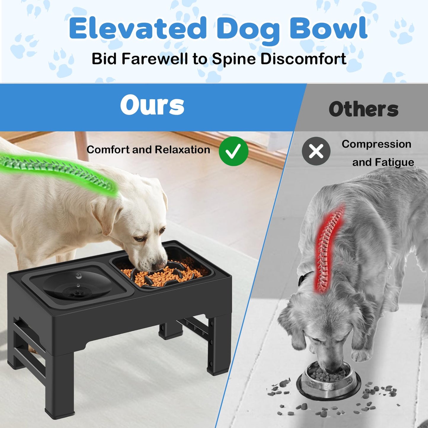 IKUSO - Tazones para Perros 2-en-1 con Altura Ajustable y Comida Lenta, Antiderrame y Antideslizante, Protege la Columna Vertebral del Perro