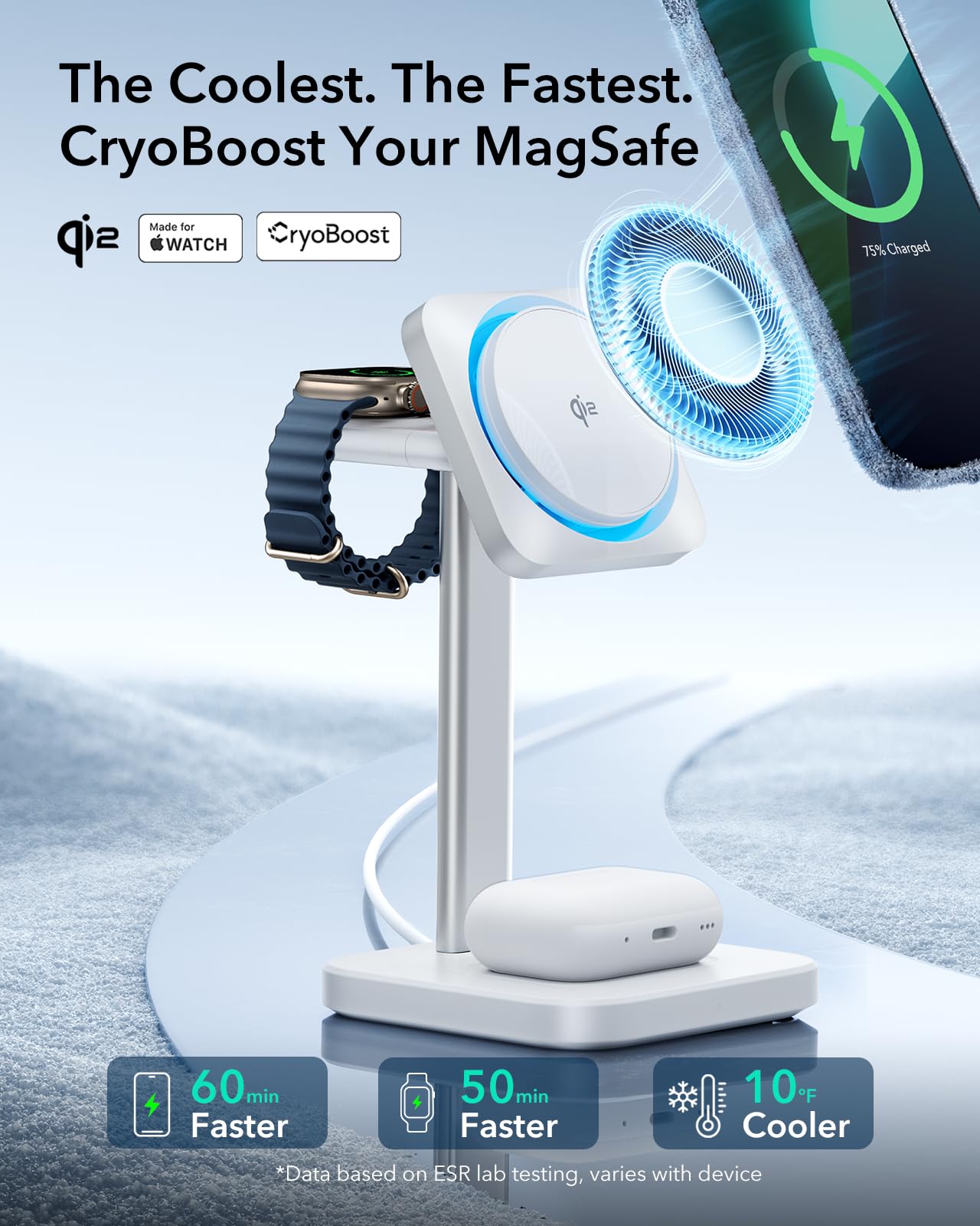 ESR - Soporte de cargador MagSafe, estación de carga 3 en 1 con CryoBoost, estación de carga inalámbrica de refrigeración por teléfono, soporte MagSafe de 15 W certificado Qi2, para iPhone16/15/14/13