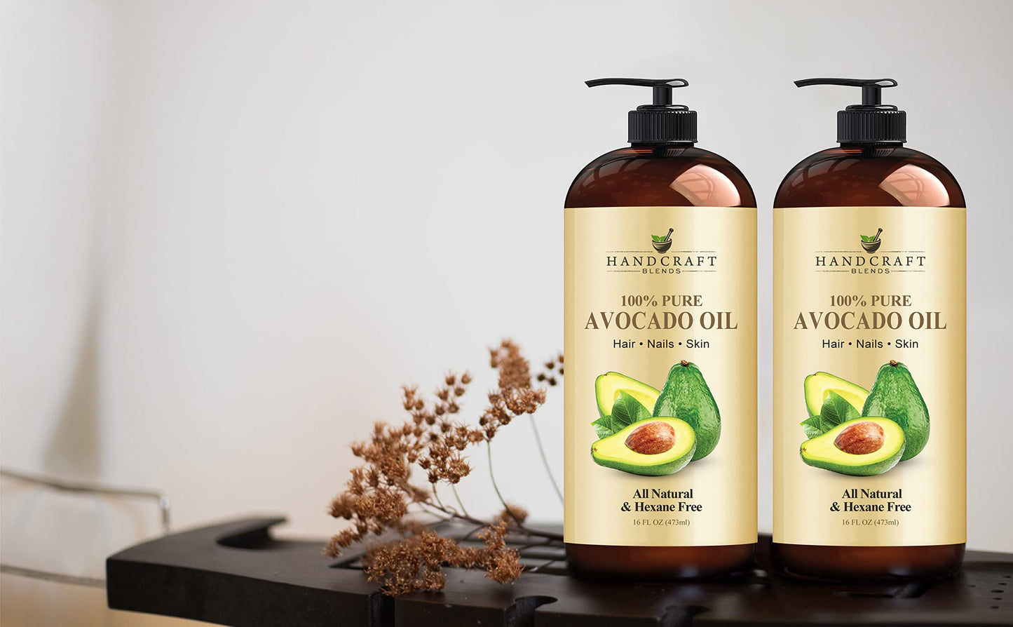 Handcraft Blends Aceite de aguacate artesanal 16 onzas líquidas, 100% puro y natural, aceite para el cabello, aceite portador para aromaterapia, aceite de masaje, hidratante corporal y piel y lubricante, prensado en frío, sin hexano, botella puede variar