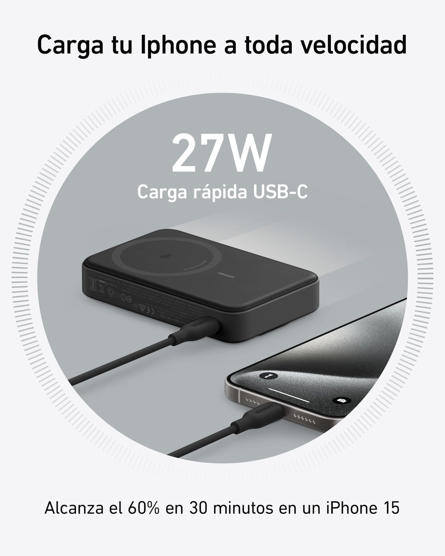 Anker MagGo Power Bank de 10,000 mAh con Pantalla Inteligente y Soporte Plegable, Carga Ultra Rápida de 15W con Certificación Qi2 Compatible con MagSafe, Solo para iPhone 16/15 (Incluye Cable USB C)