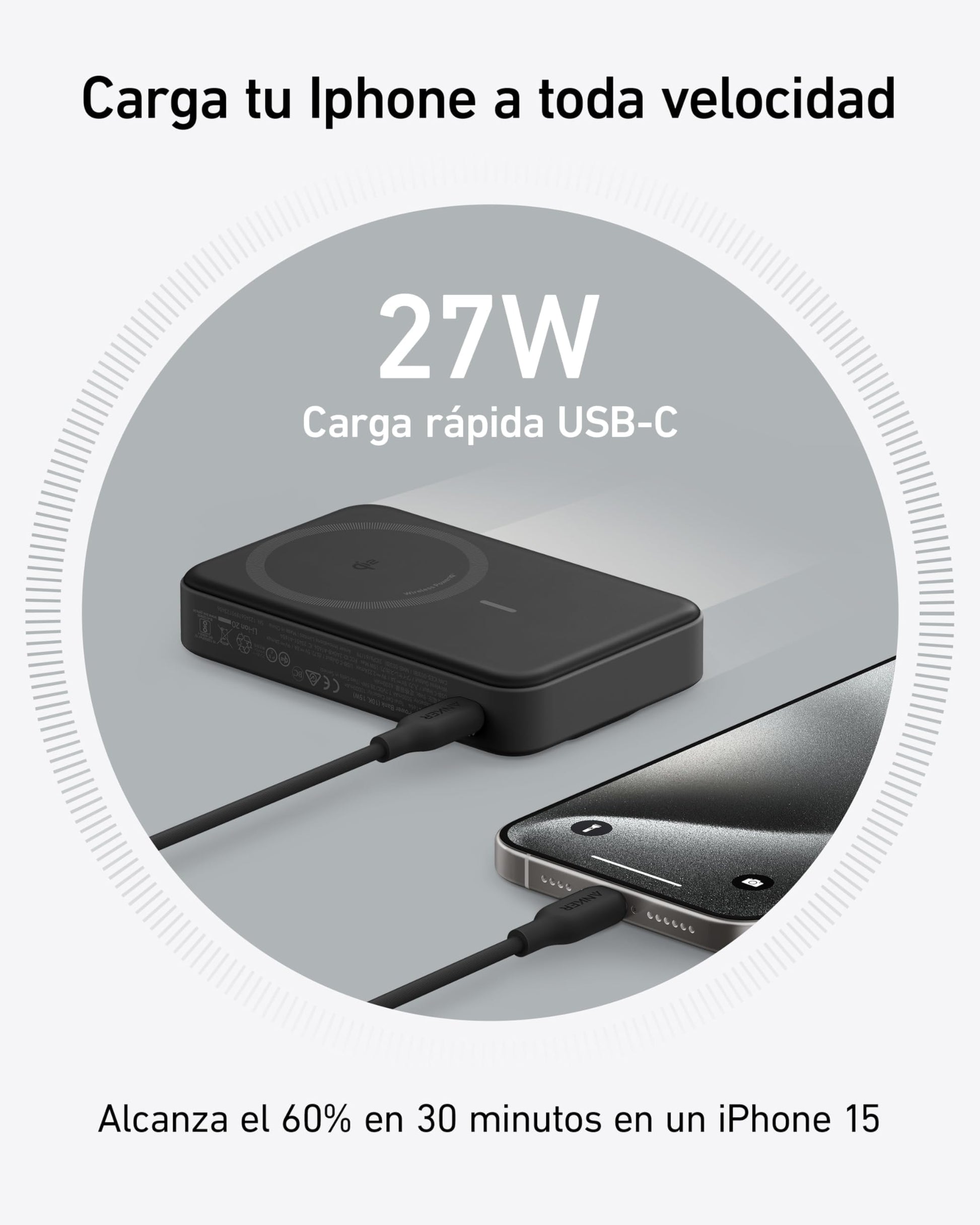 Anker MagGo Power Bank de 10,000 mAh con Pantalla Inteligente y Soporte Plegable, Carga Ultra Rápida de 15W con Certificación Qi2 Compatible con MagSafe, Solo para iPhone 16/15 (Incluye Cable USB C)