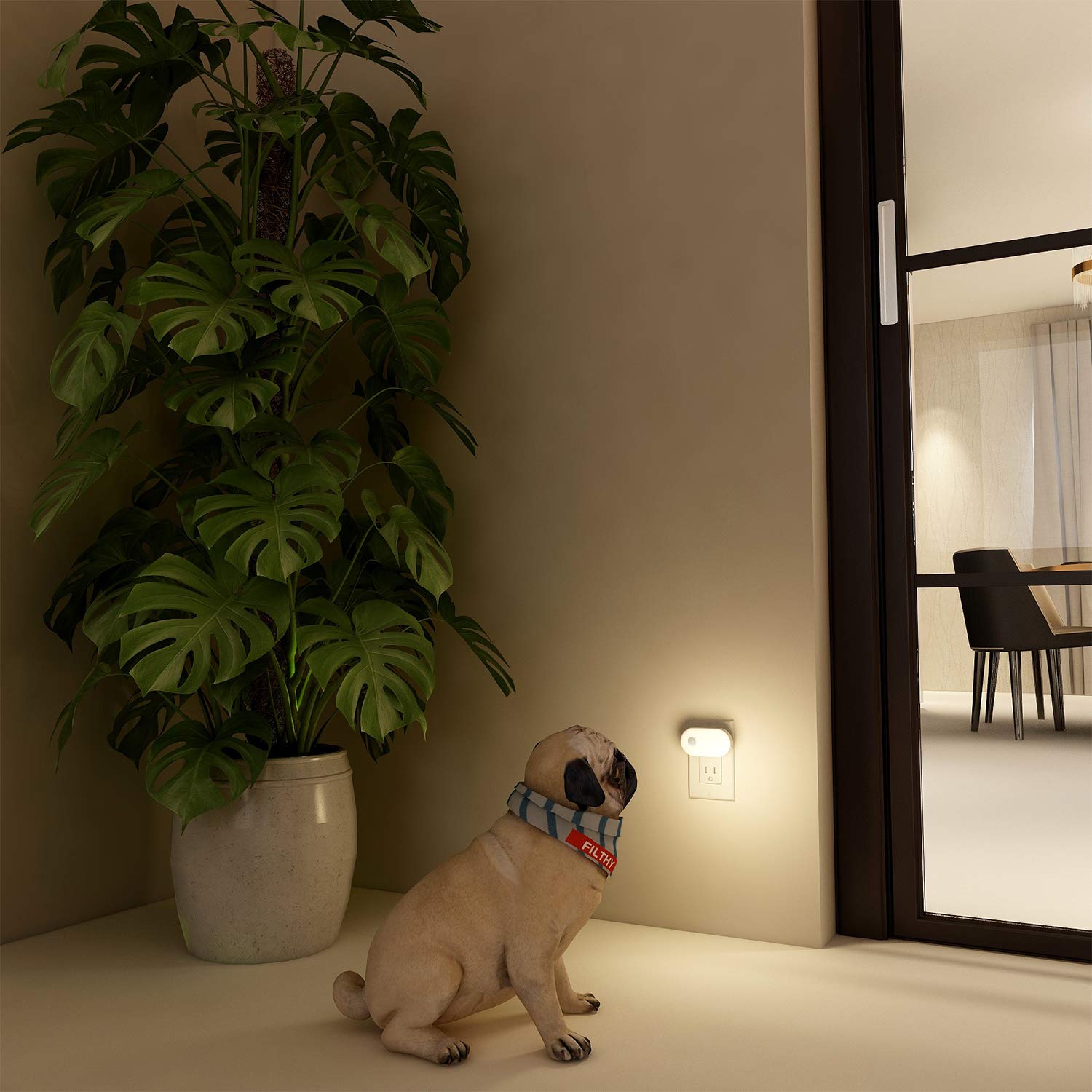 LYRIDZ - Luz nocturna con sensor de movimiento, luz nocturna inteligente de 1 a 120 lm, luz blanca cálida ledes con brillo ajustable continuo para dormitorio, cocina, escaleras, pasillo, paquete de 2