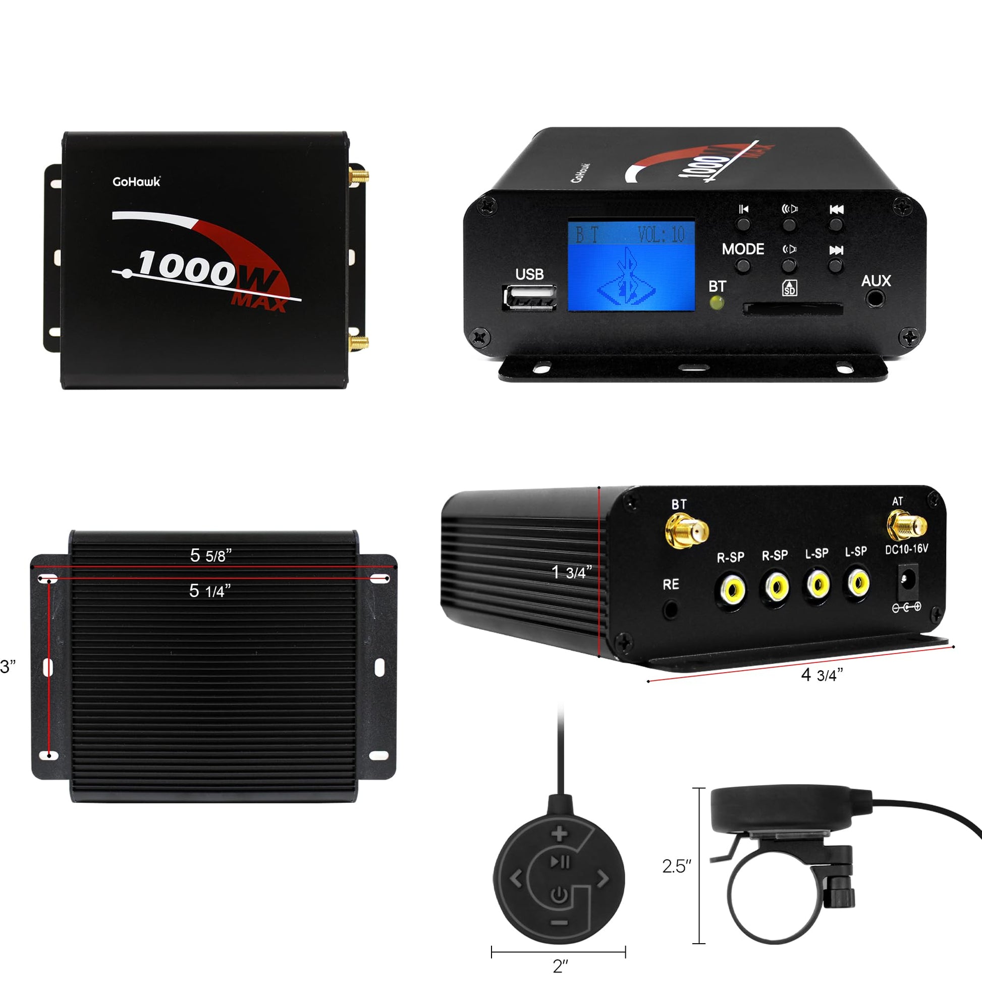 GoHawk Amplificador estéreo Bluetooth de 4 canales con radio AUX USB SD para TJ4-Q TN4-Q TS5-Q Harley Touring motocicleta ATV UTV RZR Polaris Can-Am Wildcat