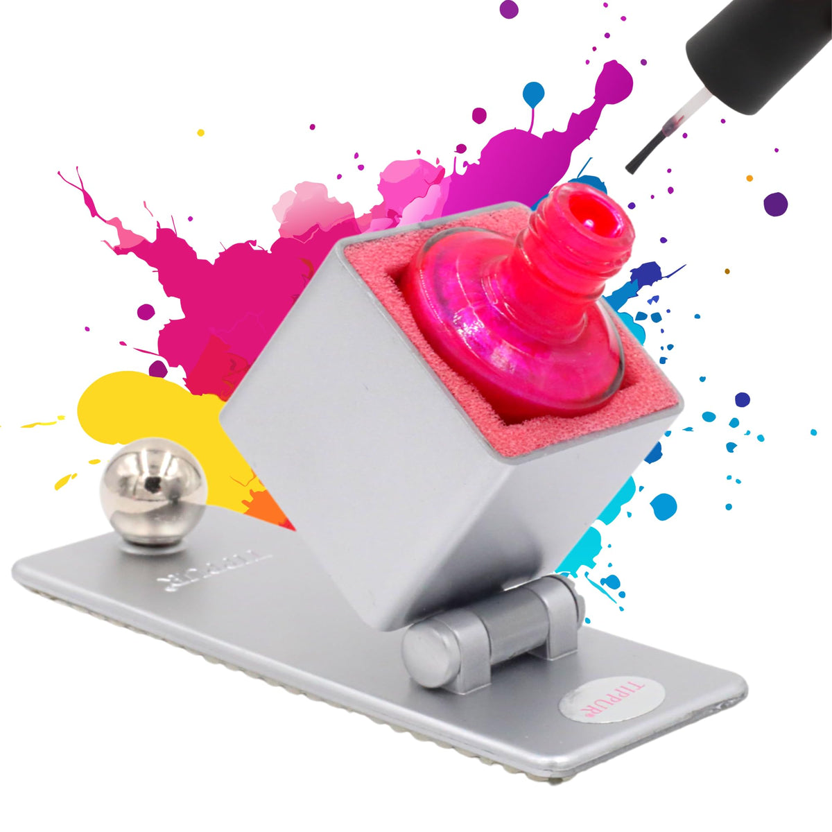 Tippur Soporte para esmalte de uñas – Herramienta profesional antiderrames para esmalte de uñas – Imprescindible para Mani / Pedi con almohadilla de goma antideslizante y base ancha estable – Soporte para botella de arte de uñas – Tono plateado