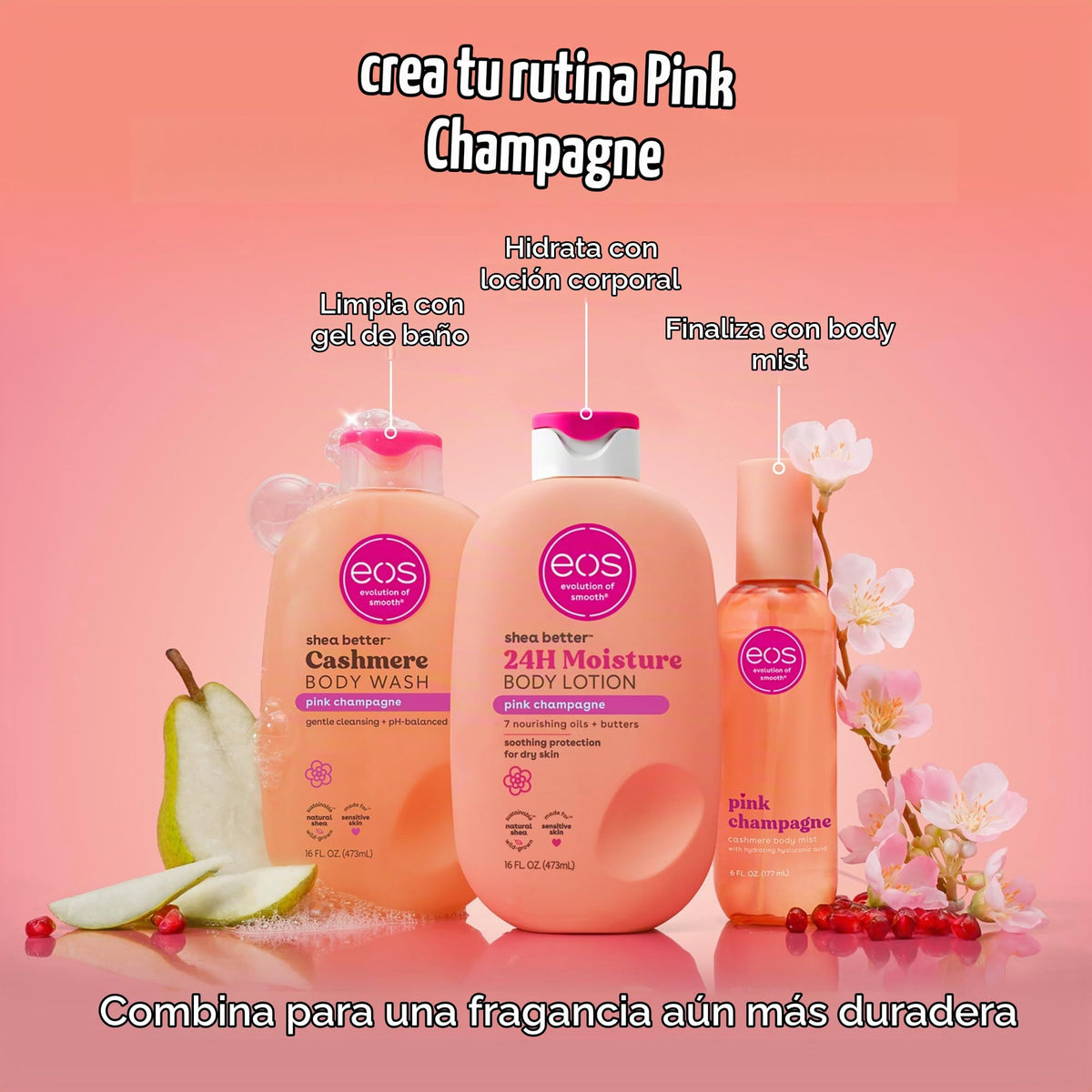 eos Shea Better - Gel de baño de cachemira, champán rosa, hidratante y nutritivo, fórmula de gel cremoso equilibrado de pH, libre de parabenos ni ftalatos, piel sensible, 16 onzas líquidas