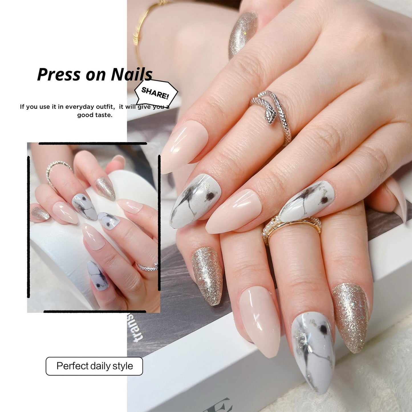 CLYHLTMZ Uñas postizas plateadas con estampado de leopardo blanco, uñas acrílicas postizas de color almendra mediano, uñas postizas adhesivas de cobertura completa, uñas artificiales rosas brillantes
