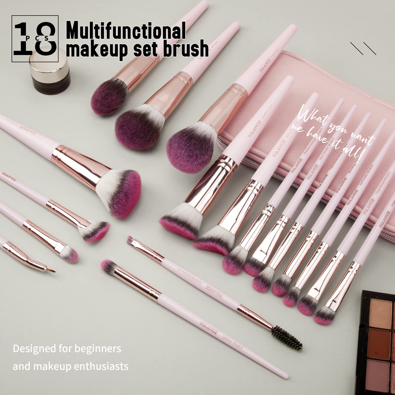 Brochas de Maquillaje con Estuche 18 Piezas Set de Brochas para Maquillaje Profesional Juego de Brochas Kabuki Sintético Premium Sombra de Ojos en Polvo para Base de Maquillaje (Rosa)