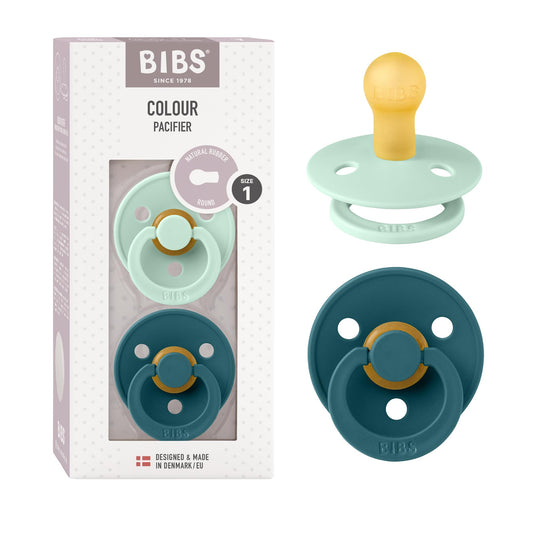 BIBS Chupones Colour Pack de 2, Tetina redonda de látex natural, Talle 1, Nordic Mint/Forest Lake, 0 a 6 meses, Hecho en Dinamarca
