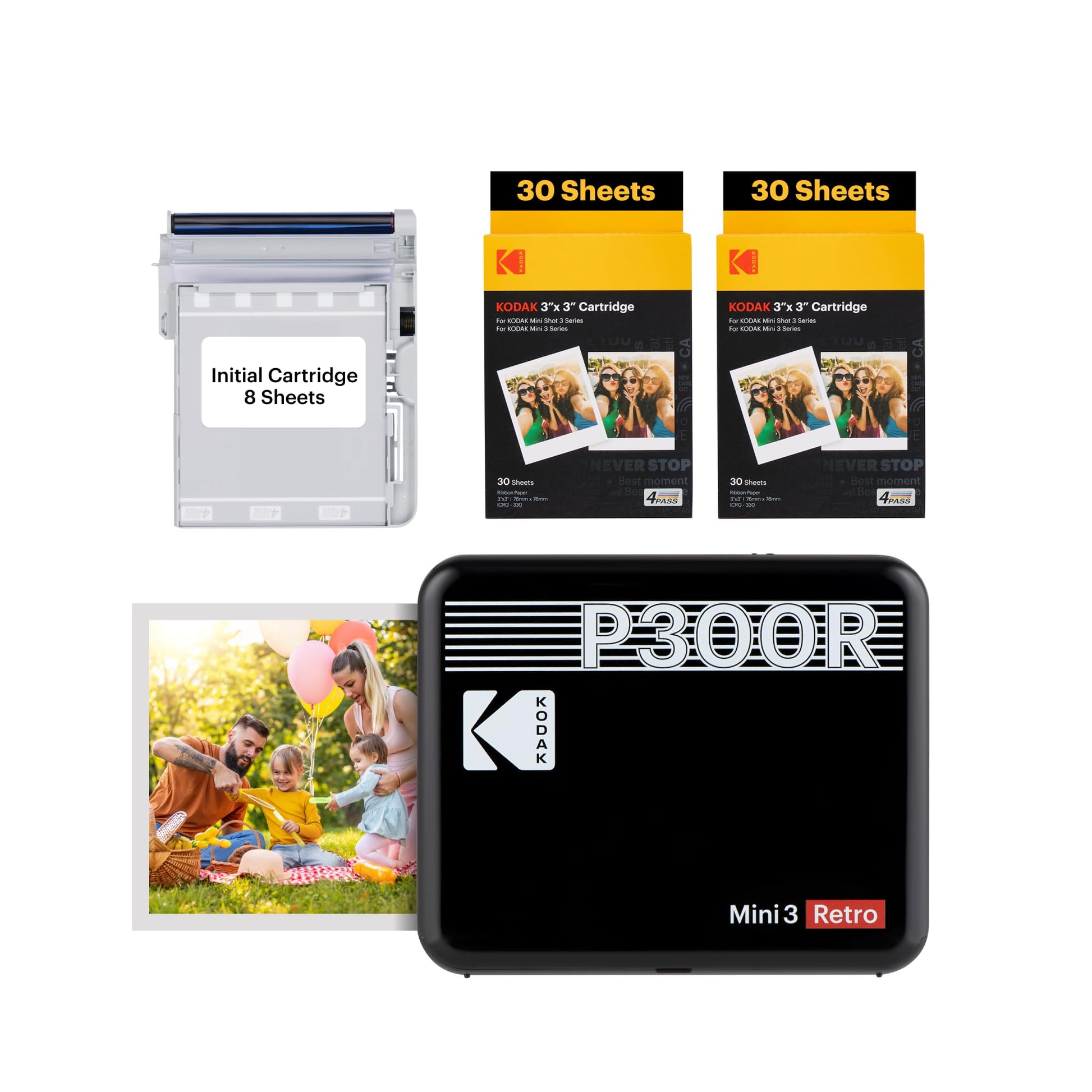 KODAK Mini 3 Retro 4PASS Impresora de Fotos Portátil (7,6x7,6cm) + Pack con 68 Hojas, Negro