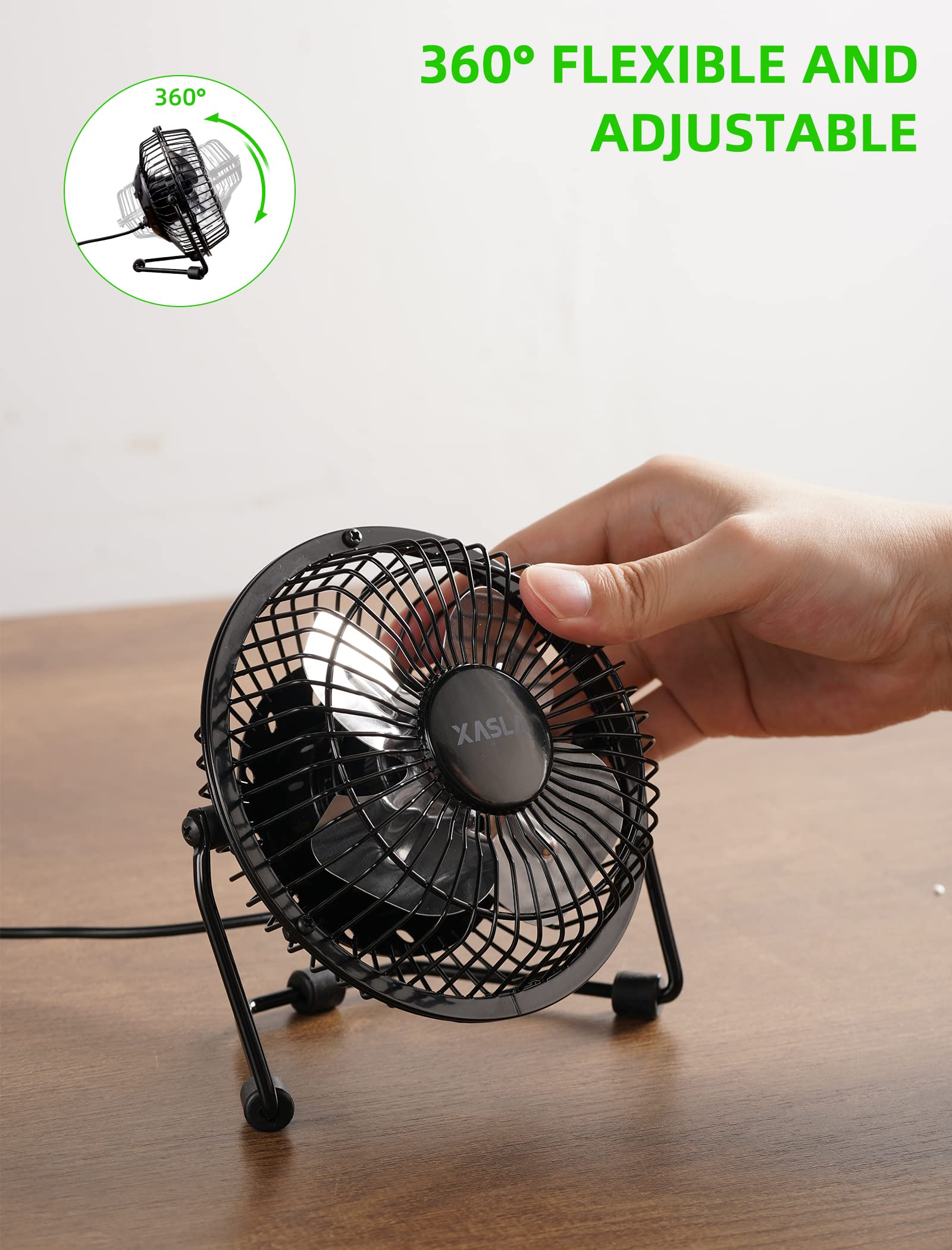 Ventilador de Escritorio USB de 4 Pulgadas xasla Negro con Estructura Metálica, Alta Potencia y Ángulo Ajustable 360°
