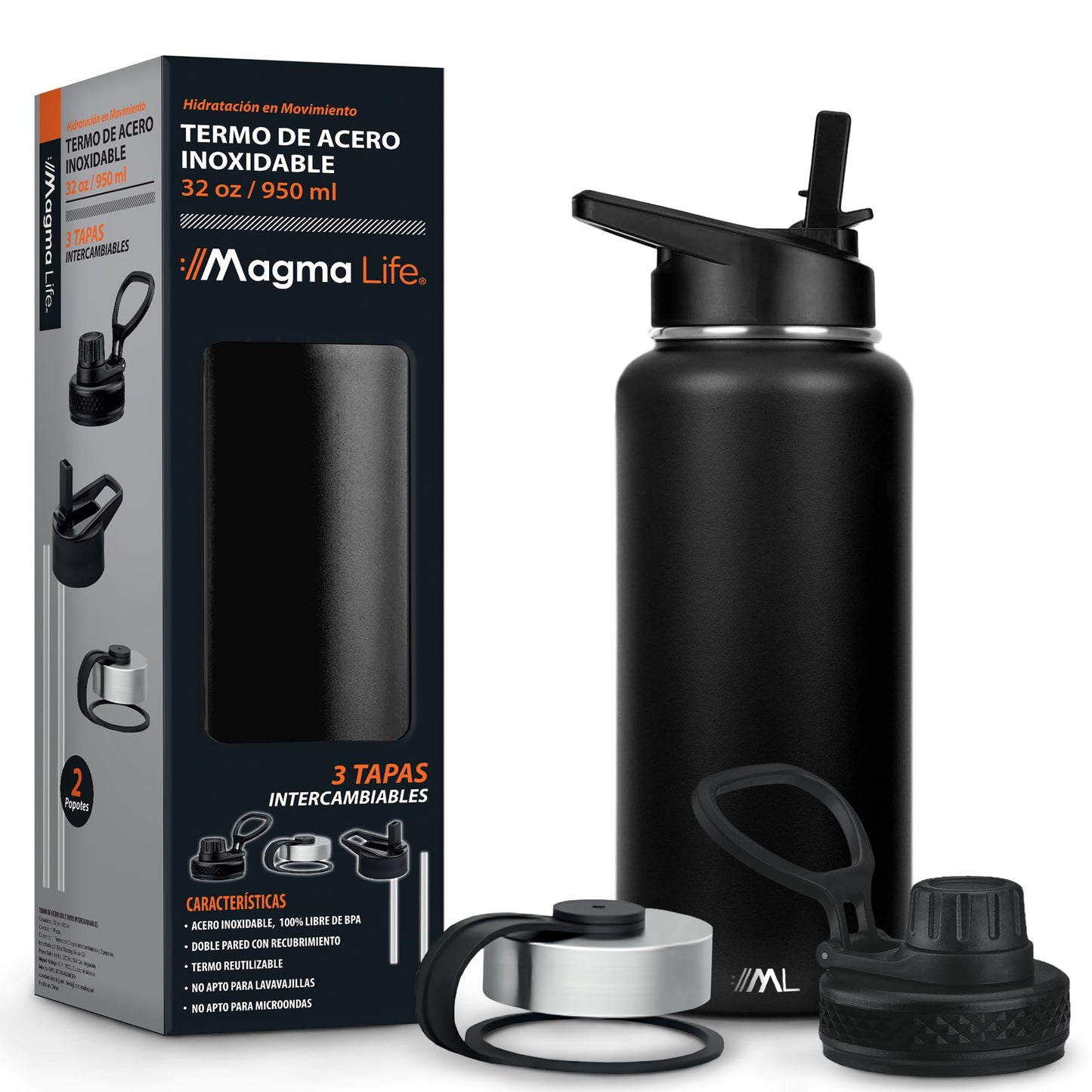 Magma Life Termo para Café y Agua de Acero Inoxidable 32 Oz (950 ml): Contiene 3 Tapas para Diferentes tipos de Bebidas, Ideal para Mantener la Temperatura Deseada (Black)