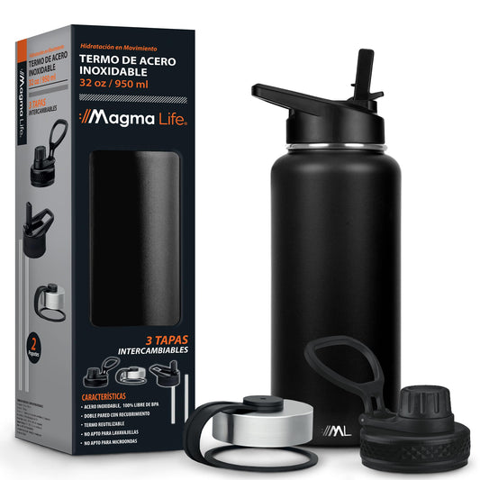 Magma Life Termo para Café y Agua de Acero Inoxidable 32 Oz (950 ml): Contiene 3 Tapas para Diferentes tipos de Bebidas, Ideal para Mantener la Temperatura Deseada (Black)