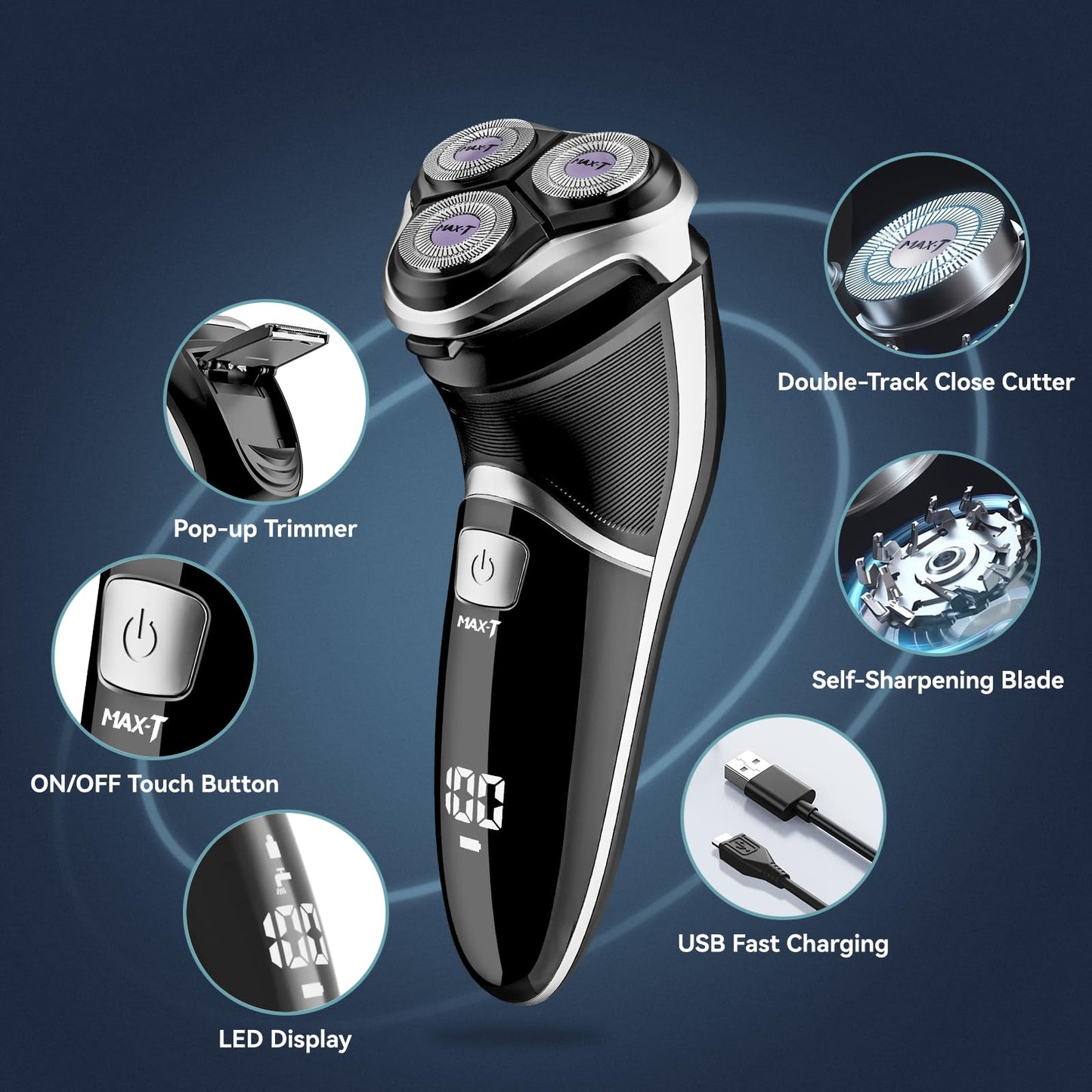 Max-Tcare Men's Electric Shaver - 3D Rotary Shaver Electric Razor for Men with Pop-up Beard Trimmer Wet and Dry Corded and Cordless Painless Rechargeable