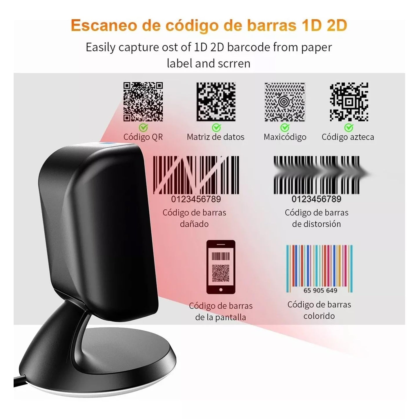 Escáner de Código de Barras de Escritorio 1D 2D QR, Lector de Código de Barras con Cable USB, Scanner Código de Barras Detección Automática de Imagen para Supermercado, Biblioteca, Tienda minorist