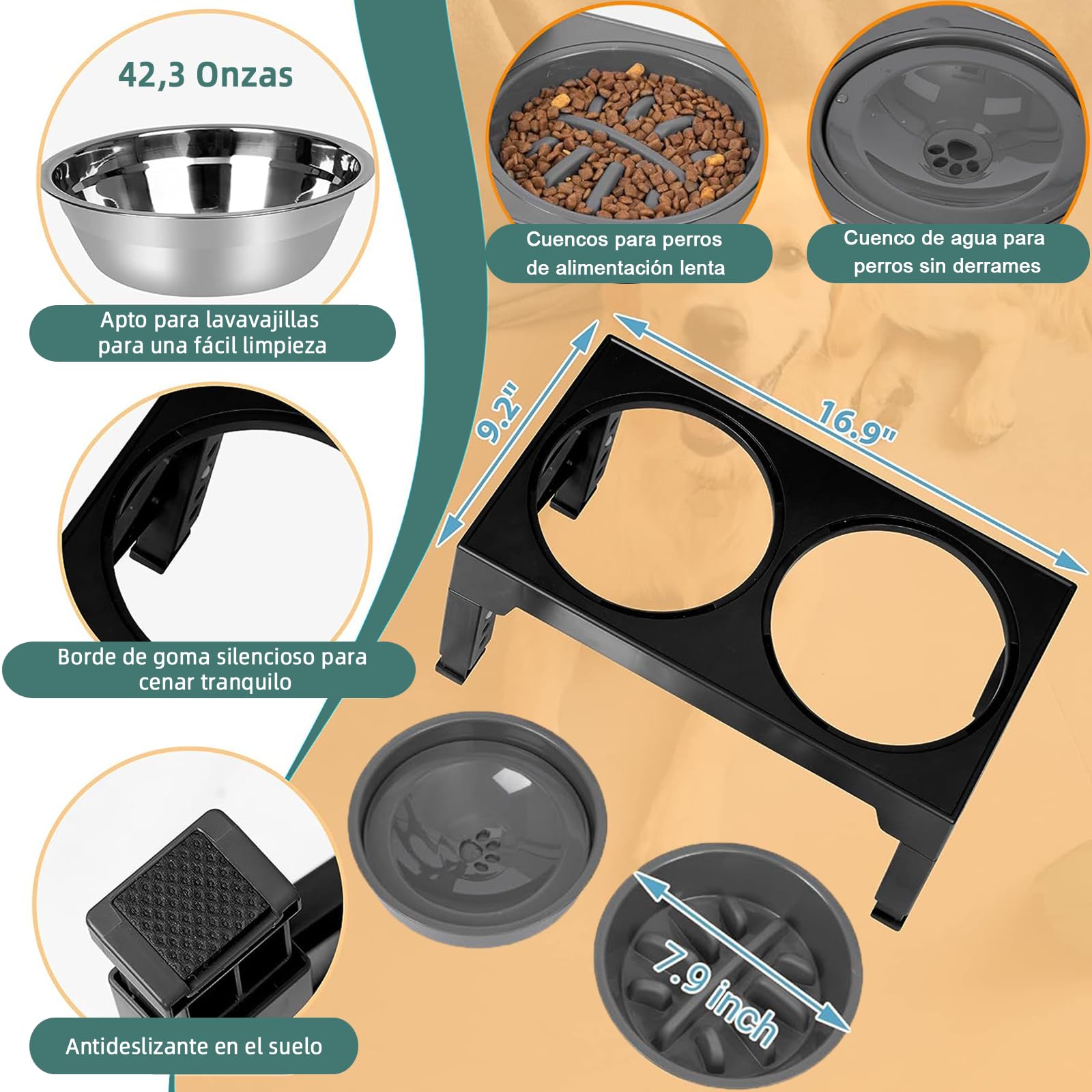 Cuencos Elevados EKEJLI Negro Ajustables para Perros y Gatos de Tamaño Mediano y Grande