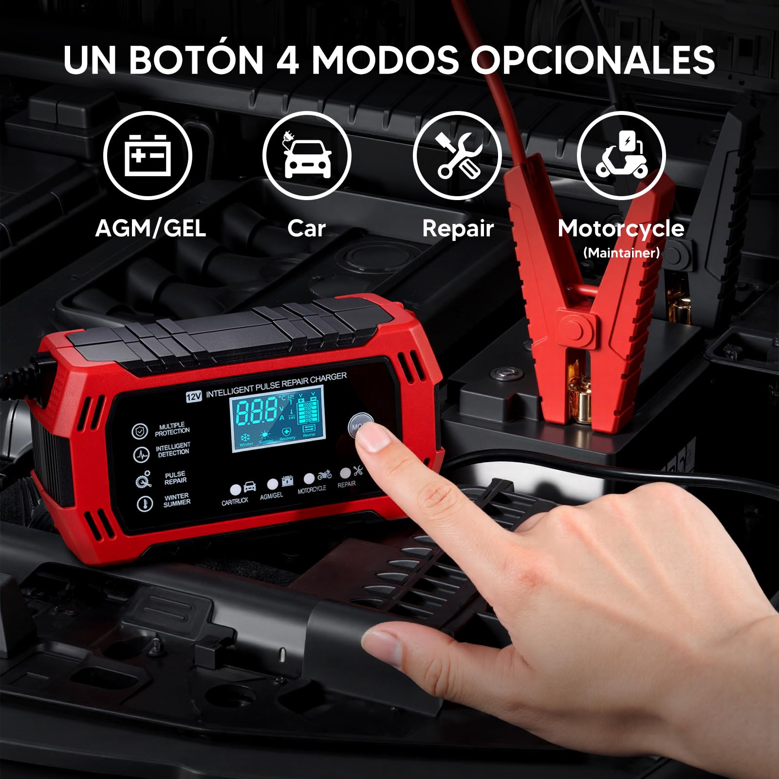 HUSEYTA Cargador de Bateria de Auto 12V 6A,Adecuado para Coches, Motos y SUV,con LCD Pantalla Pantalla,Múltiples Protecciones, Regulación de Corriente Inteligente para Cargar y Proteger la batería.