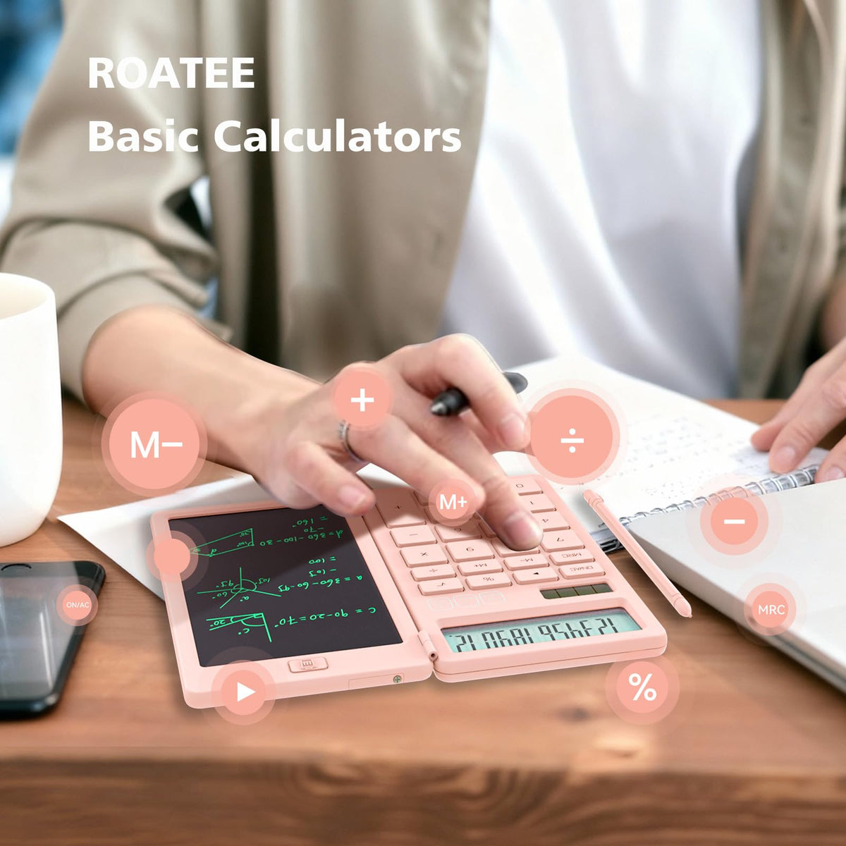 Calculadora de Escritorio ROATEE Rosa con Bloc de Notas LCD para Niñas