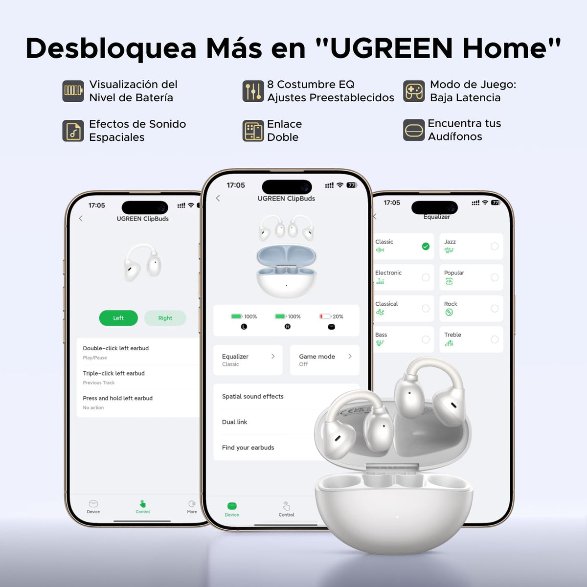 Audífonos Inalámbricos UGREEN Blanco con 4 Micrófonos y Control por App