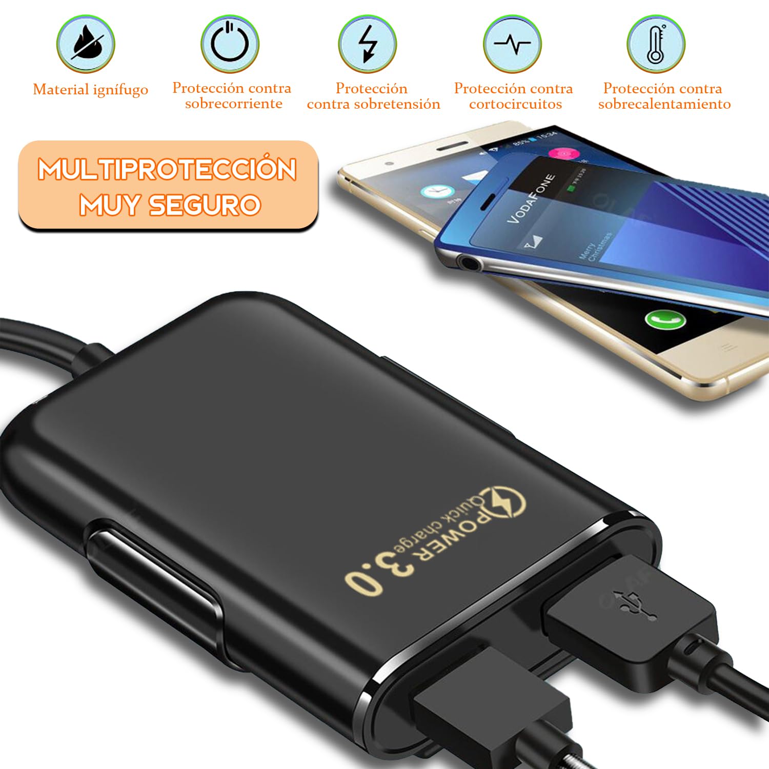 AMXYYDS Cargador para Auto USB C,Carga rapida,Cargador Coche Rápido con,Coche, QC 3.0 y PD,Cable de extensión 1.2m,Puerto USB para Auto(Redondo)