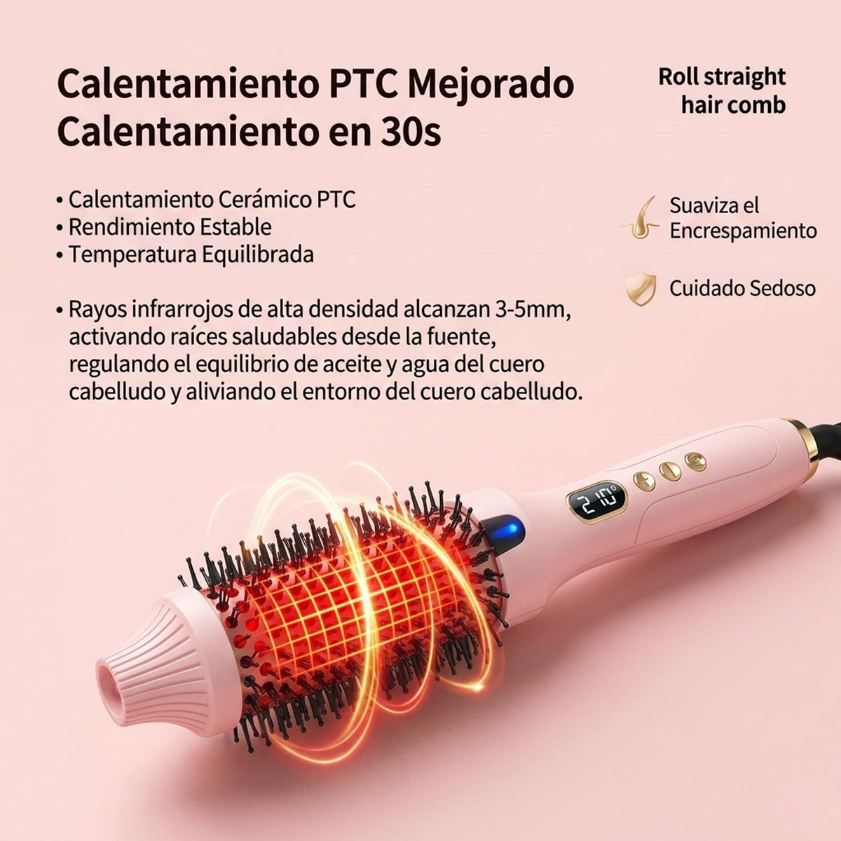 Cepillo Térmico Iónico WisBtyCo Rosa con Queratina Vegetal y Calentamiento Rápido 30s para Volumen y Brillo