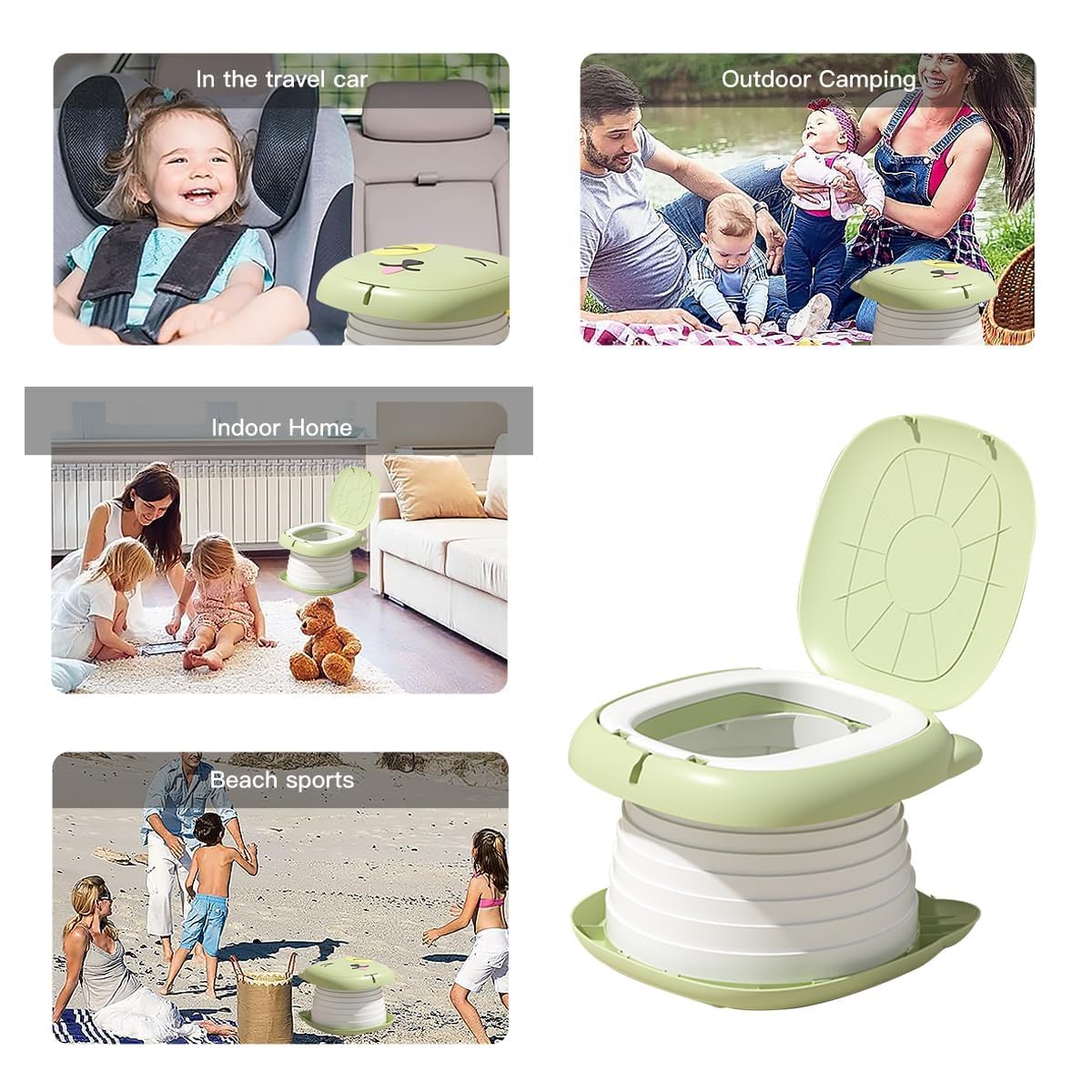 Orinal de Viaje Portátil para Niños,Asiento Entrenador Baño para Niños, portátiles y plegables con bolsa de basura y bolsa de almacenamiento para automóviles,Camping, Interior y Exterior con Rollos Bolsa de Almacenamiento (Verde)