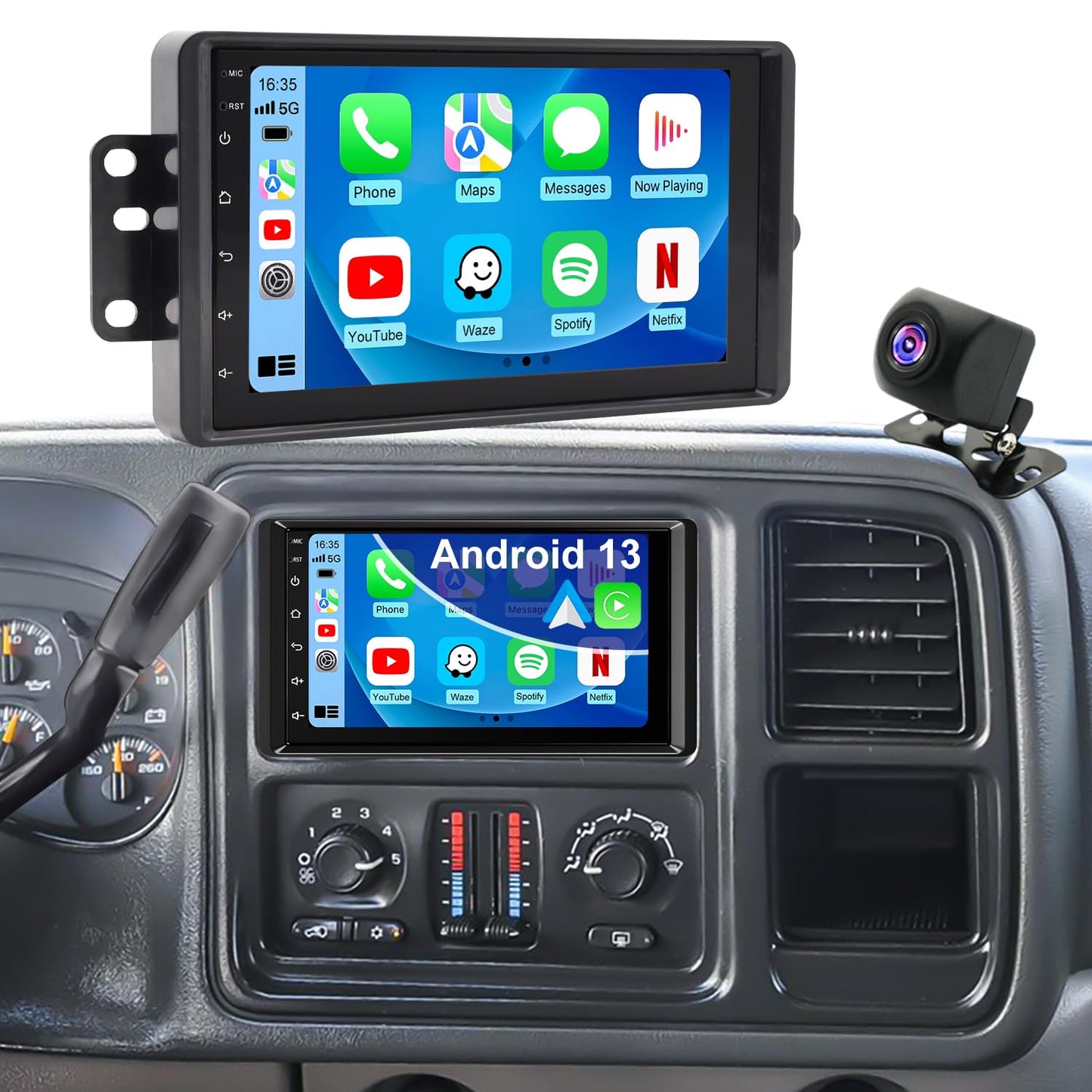 Radio Coche 7'' Estéreo para GMC Sierra 1500/2500/3500 2003-2006, Chevy Silverado 1500/2500/3500 2003-2006, Tahoe/SSR 2003-2005, Impala 2000-2005, Carplay y Android Auto GPS FM Bluetooth WiFi y Cámara