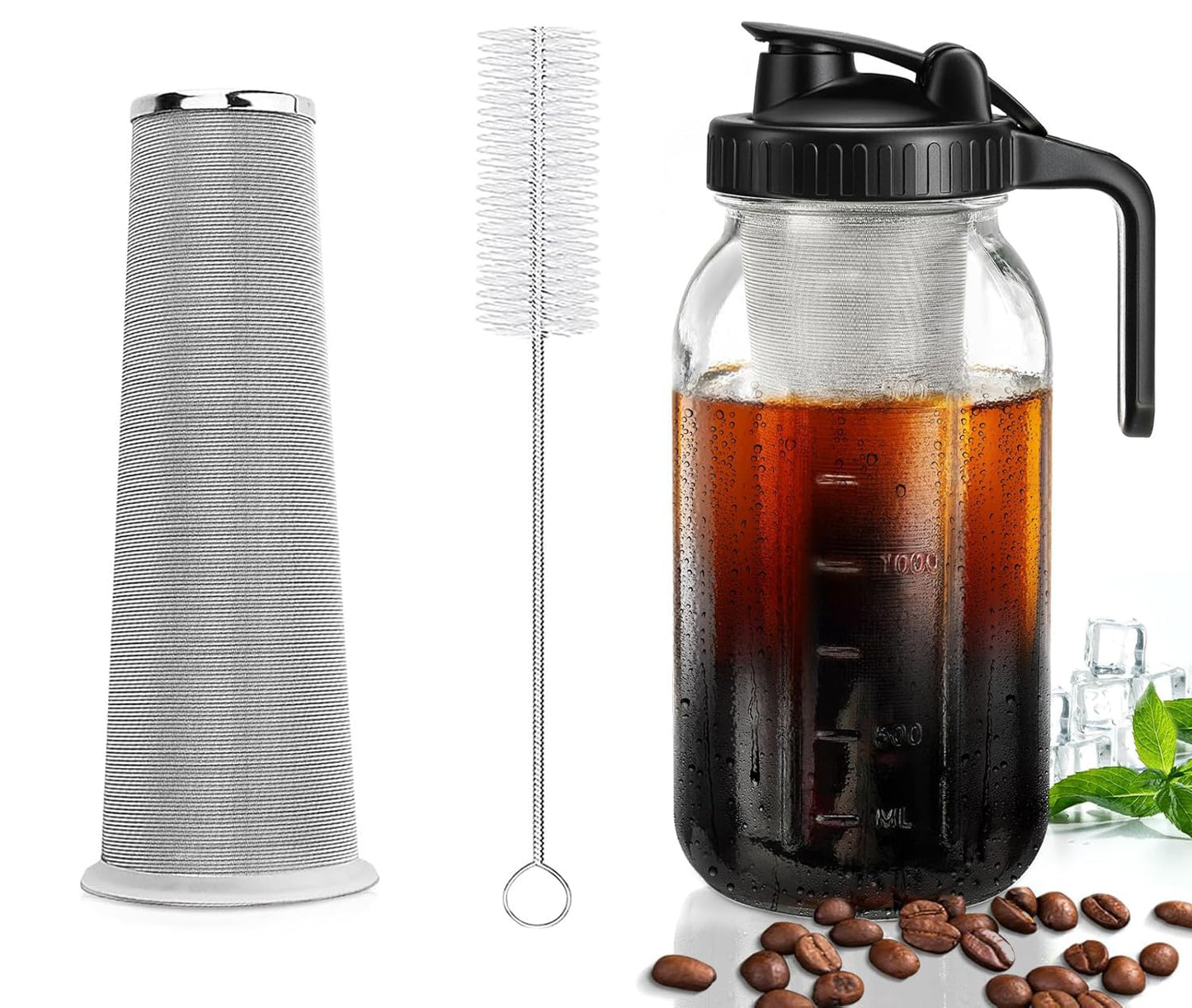 Cafetera Cold Brew Wexlerey Vidrio 64oz Hermética y a Prueba de Fugas con Filtro de Acero Inoxidable para Café, Té y Bebidas de Frutas