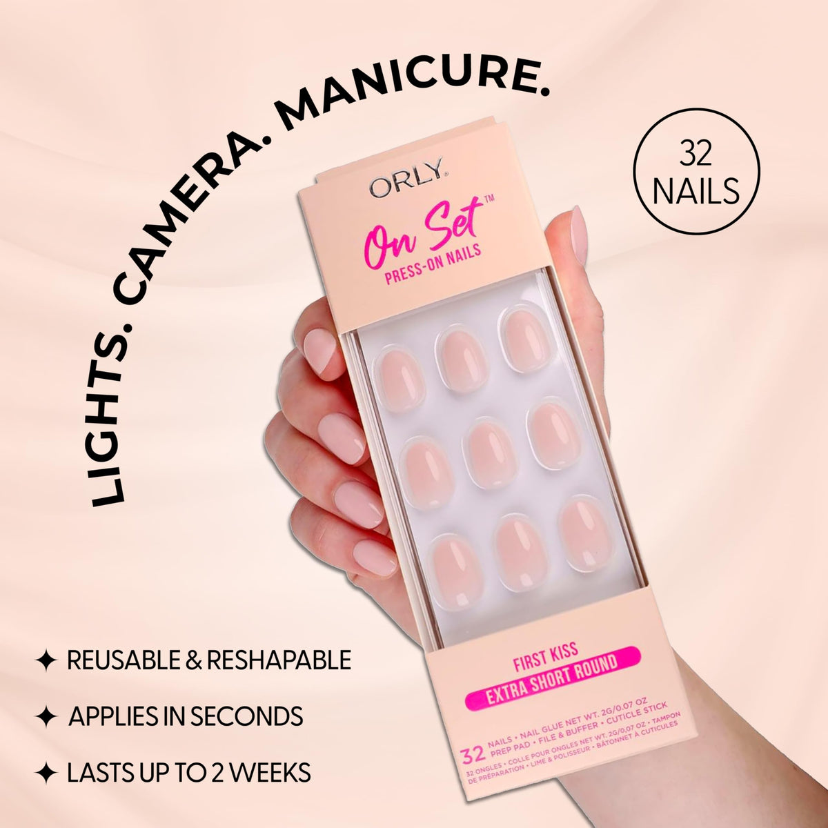 ORLY Press On Nails | Almond, Square, French Tip, Short, Long Designs (First Kiss (Extra Short Round))