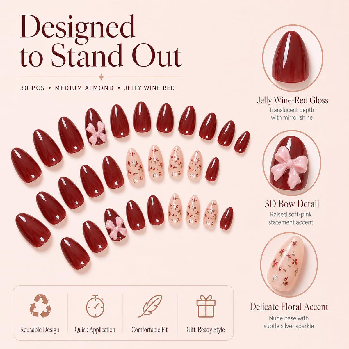 CLYHLTMZ Uñas Postizas Cortas Almendradas, Color Rojo Vino, Cobertura Completa, Con Diseño De Lazo, Acabado Brillante Con Diseño De Cereza. Uñas Acrílicas Adhesivas Removibles Para Mujeres Y Niñas(30