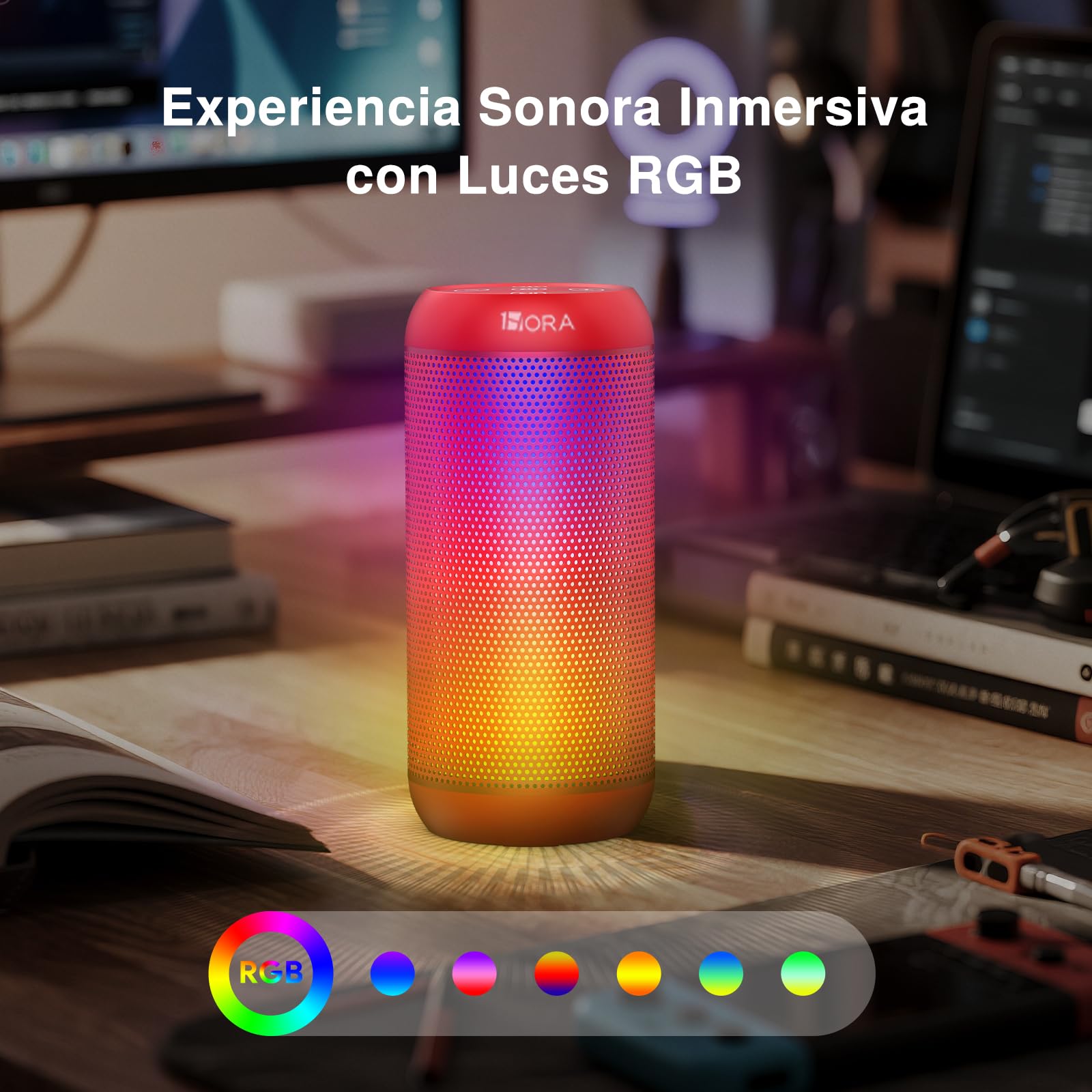 Bocina Bluetooth Portátil Hora Rojo con Iluminación RGB Ajustable y Emparejamiento Dual TWS