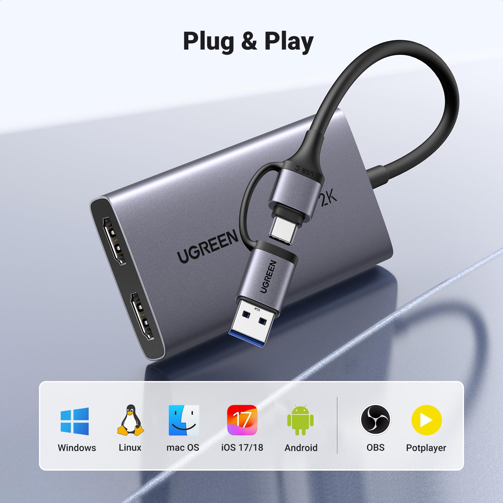 UGREEN 4K Capturadora de Video HDMI, 2K@30Hz 1080P@60fps Grabación de Juegos Passthrough Loop-out para Transmisión, Compatible con Switch 2, PS5, Xbox, PC, Mac