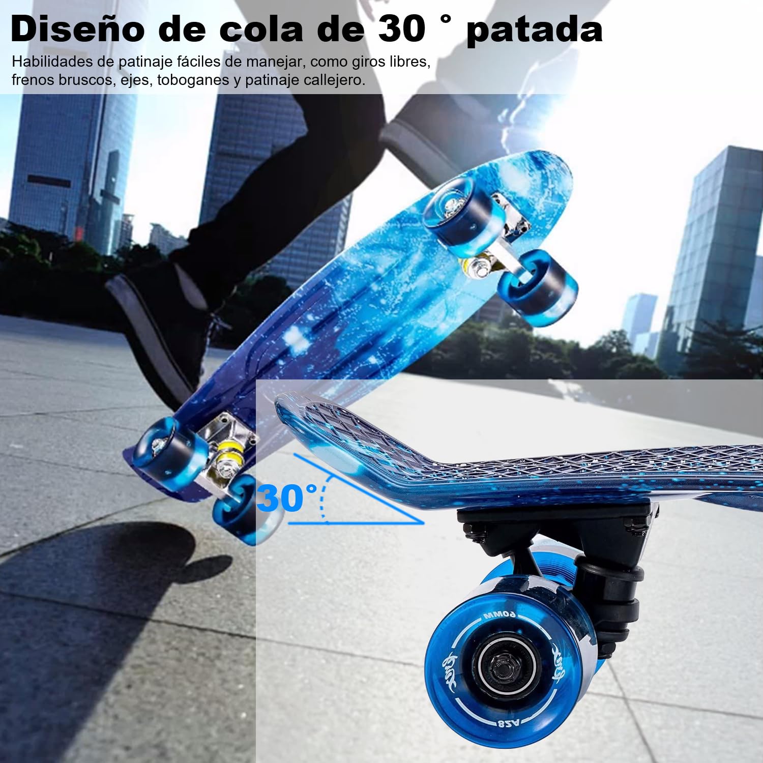 Patineta Skateboard PP Viento de Cielo Estrellado Llantas Luminosas LED para Jóvenes Niños