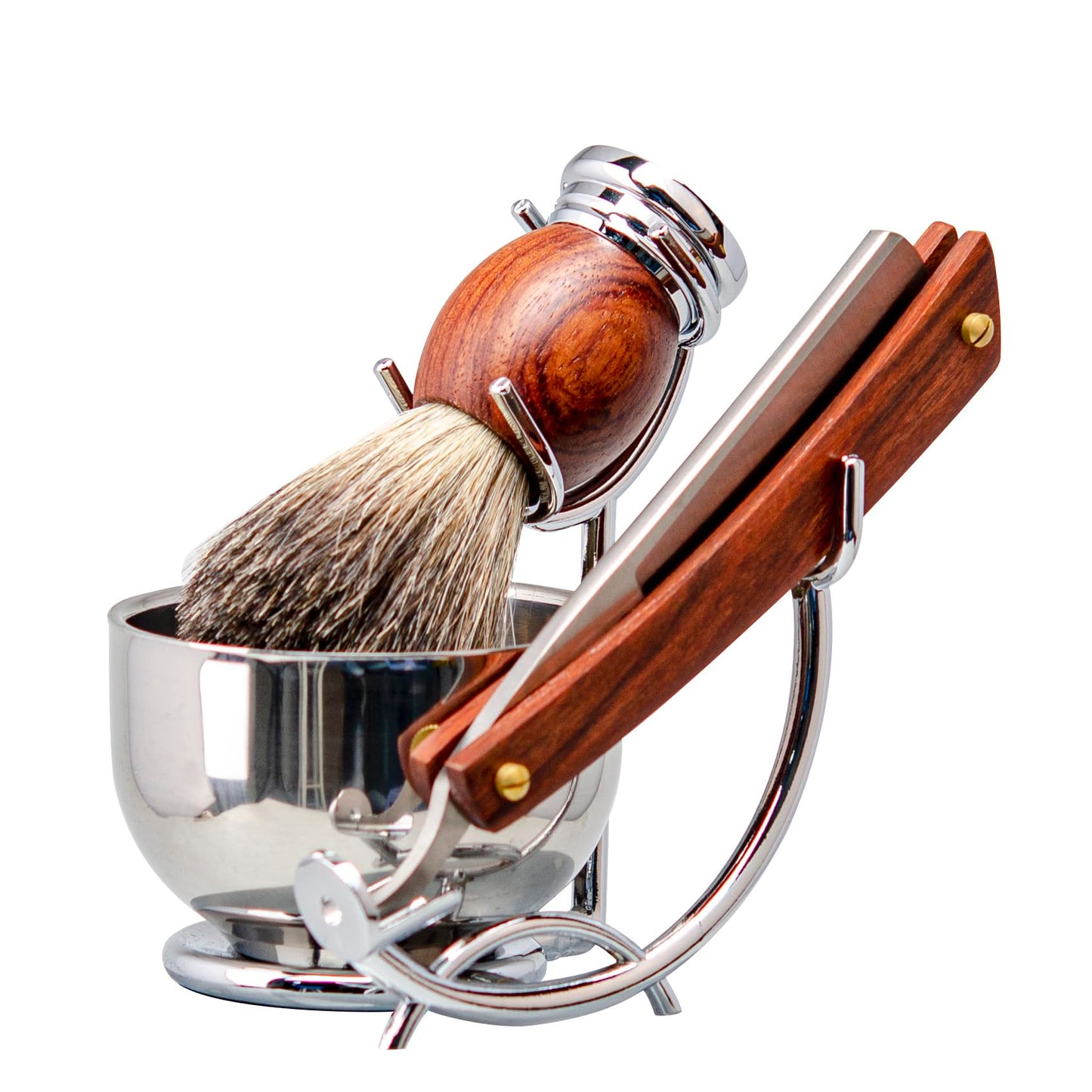 Grandslam - Kit de afeitar recto para afeitar, de acero con punta de piel, cepillo para polvo de afeitar, tazón y soporte de acero inoxidable, jabón de afeitar, regalo para hombres