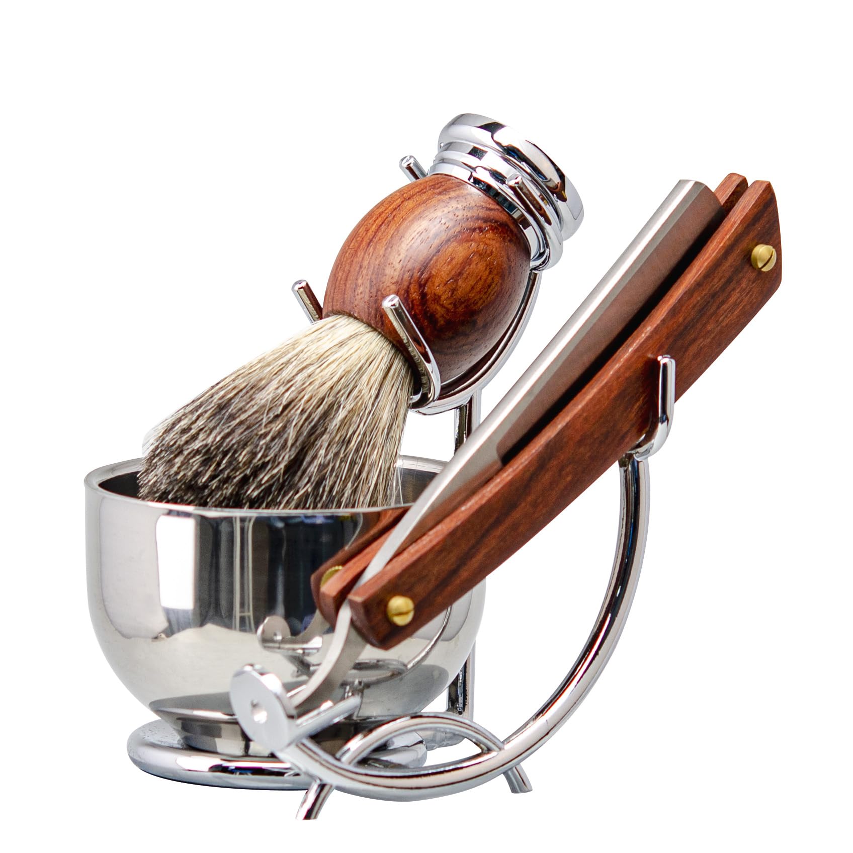 Grandslam - Kit de afeitar recto para afeitar, de acero con punta de piel, cepillo para polvo de afeitar, tazón y soporte de acero inoxidable, jabón de afeitar, regalo para hombres