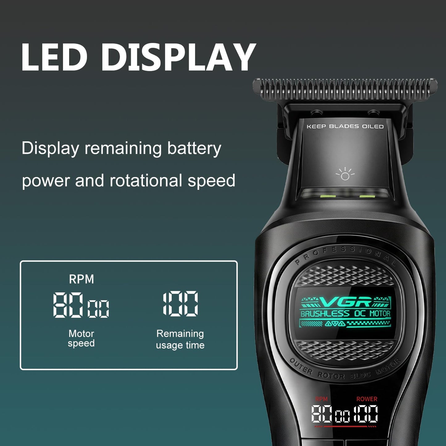 VGR 888T - Cortapelos inalámbrico para hombre, profesional Turbo 8000 RPM con hoja de carbono DLC, pantalla LED, base de carga USB, kit de corte de barba y cabello recargable con peine guía, (verde)